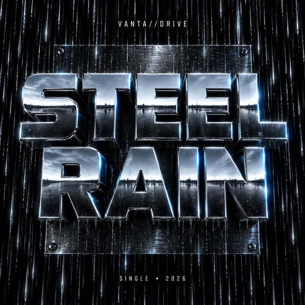 "STEEL
RAIN
VANTA//DRIVE
SINGLE • 2026" — Chrome Metal 3d | AI Text Effect Generator