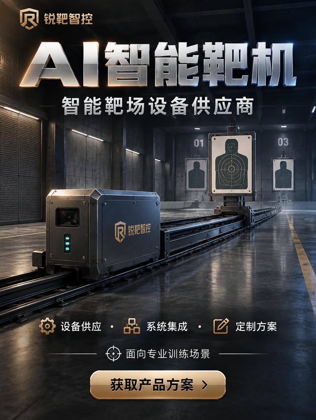 "AI智能靶机
智能靶场设备供应商
锐靶智控
设备供应 · 系统集成 · 定制方案
面向专业训练场景
获取产品方案" — Metallic | AI Text Effect Generator