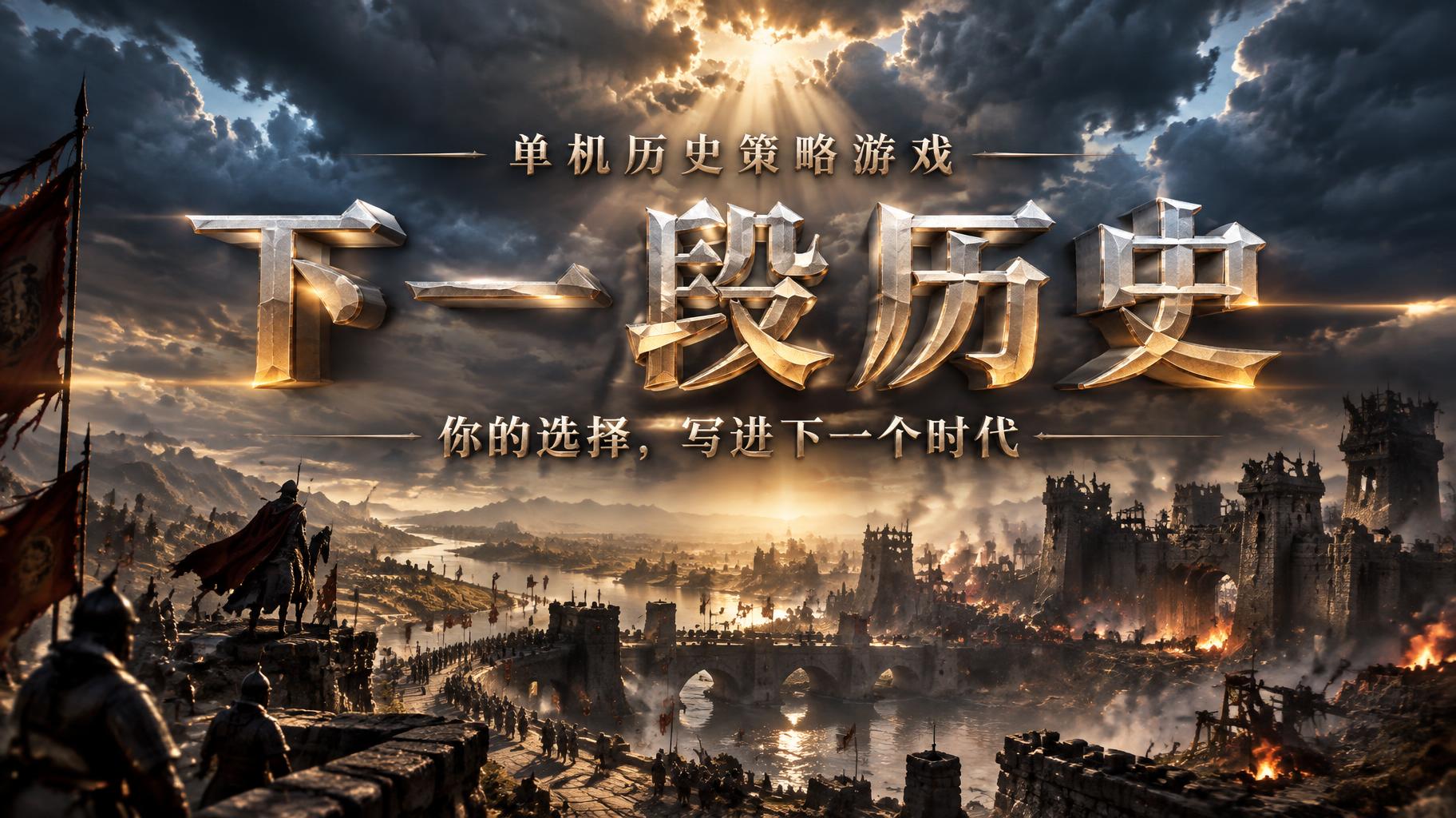 "下一段历史
你的选择，写进下一个时代
单机历史策略游戏" — Cinematic Blockbuster text effect