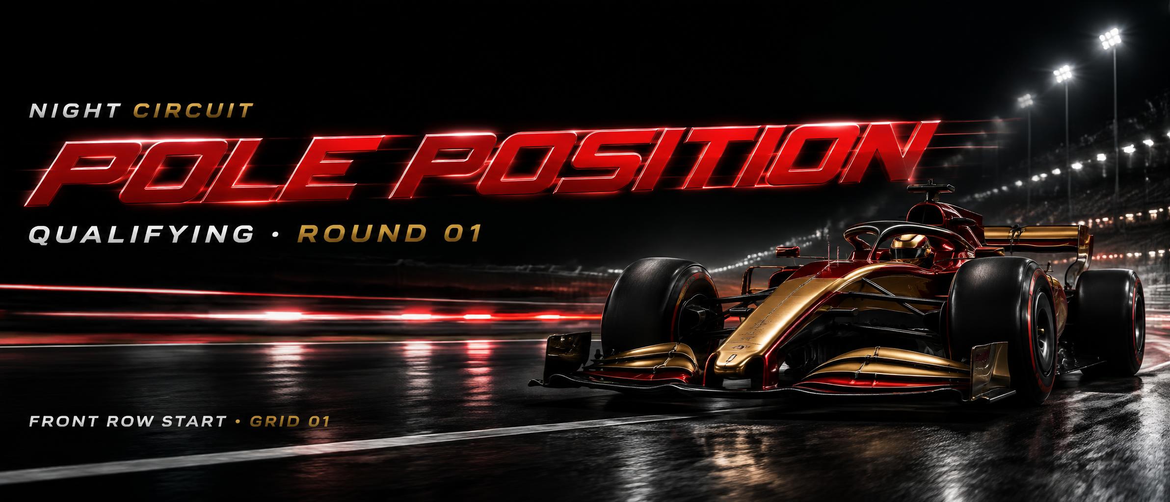 "POLE POSITION
NIGHT CIRCUIT
QUALIFYING · ROUND 01
FRONT ROW START • GRID 01" — Racing | AI Text Effect Generator