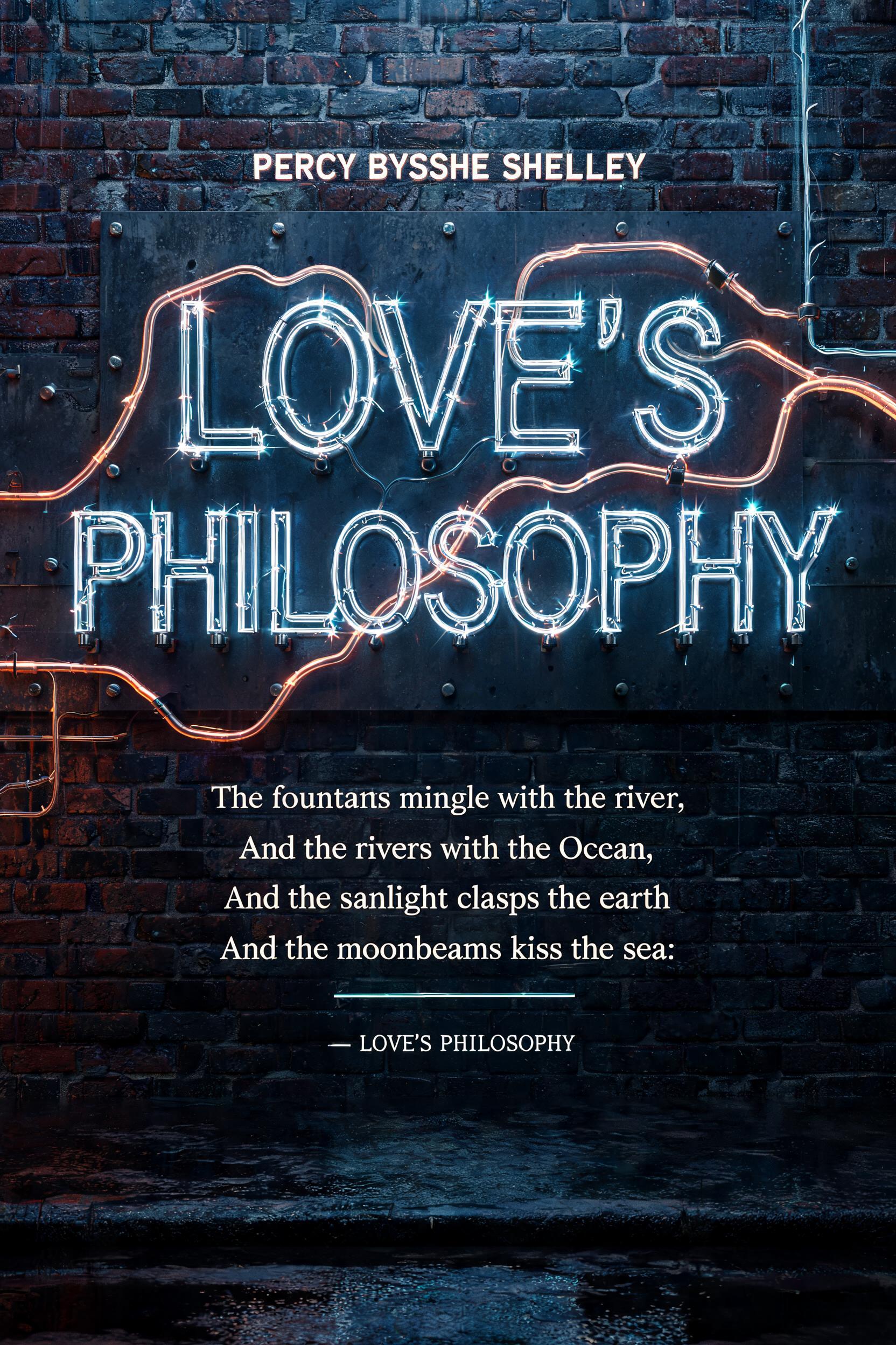 "LOVE’S
PHILOSOPHY
PERCY BYSSHE SHELLEY
The fountains mingle with the river,
And the rivers with the Ocean,
And the sunlight clasps the earth
And the moonbeams kiss the sea:
— LOVE’S PHILOSOPHY" — Neon Sign | AI Text Effect Generator
