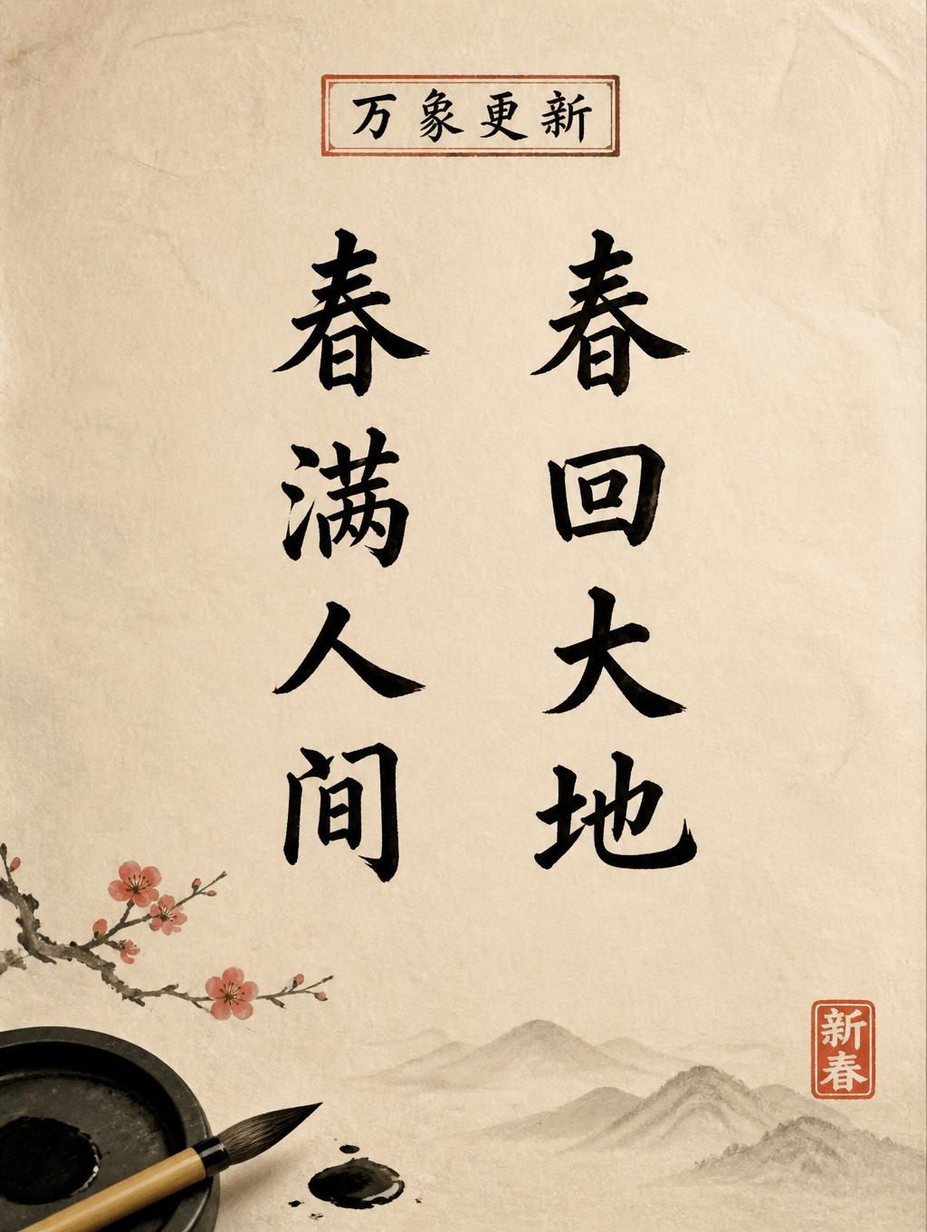 "春回大地
春满人间
万象更新
新春" — brush chinese ink text effect