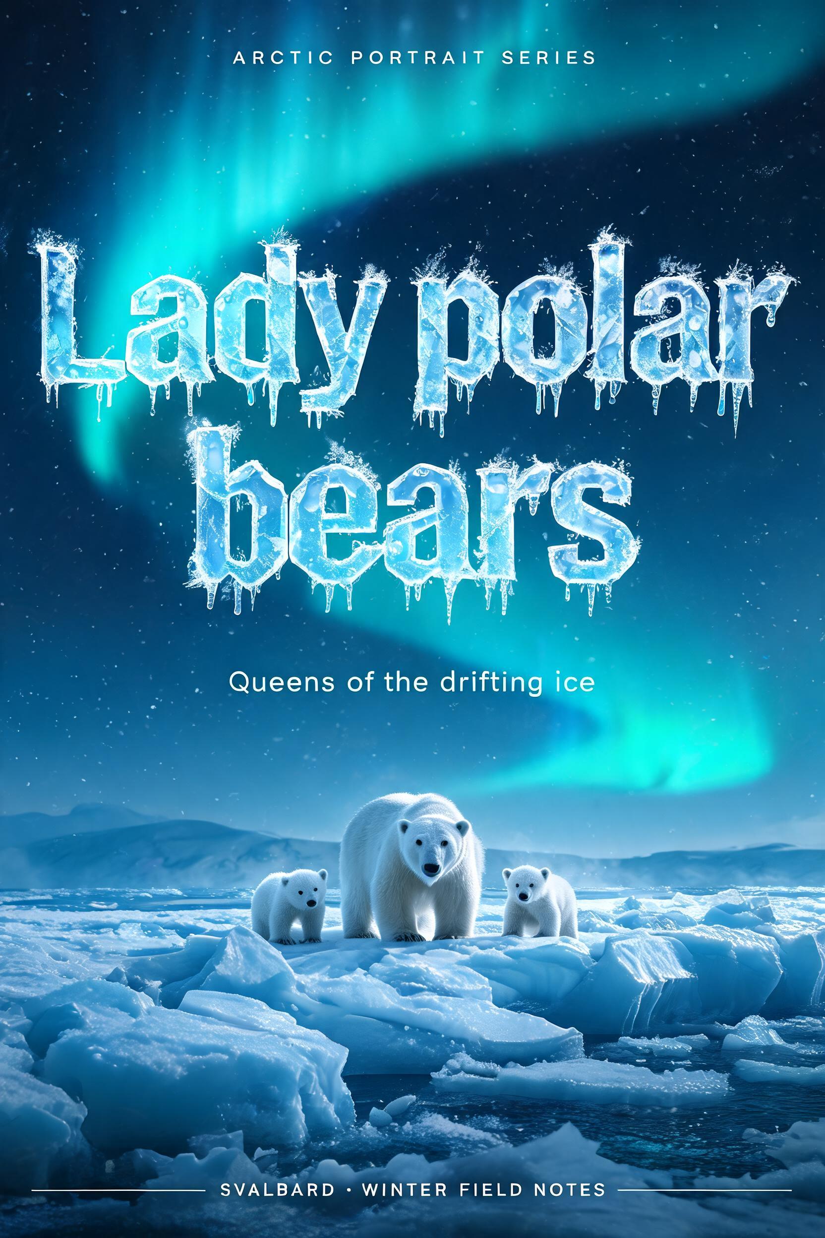 "Lady polar bears
ARCTIC PORTRAIT SERIES
Queens of the drifting ice
SVALBARD · WINTER FIELD NOTES" — Glass Frozen text effect