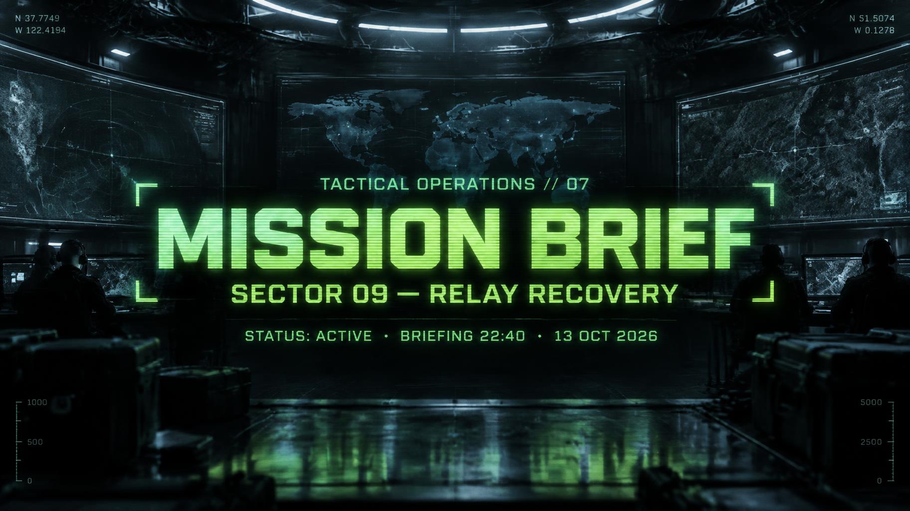 MISSION BRIEF
TACTICAL OPERATIONS // 07
SECTOR 09 — RELAY RECOVERY
STATUS: ACTIVE  ·  BRIEFING 22:40  ·  13 OCT 2026