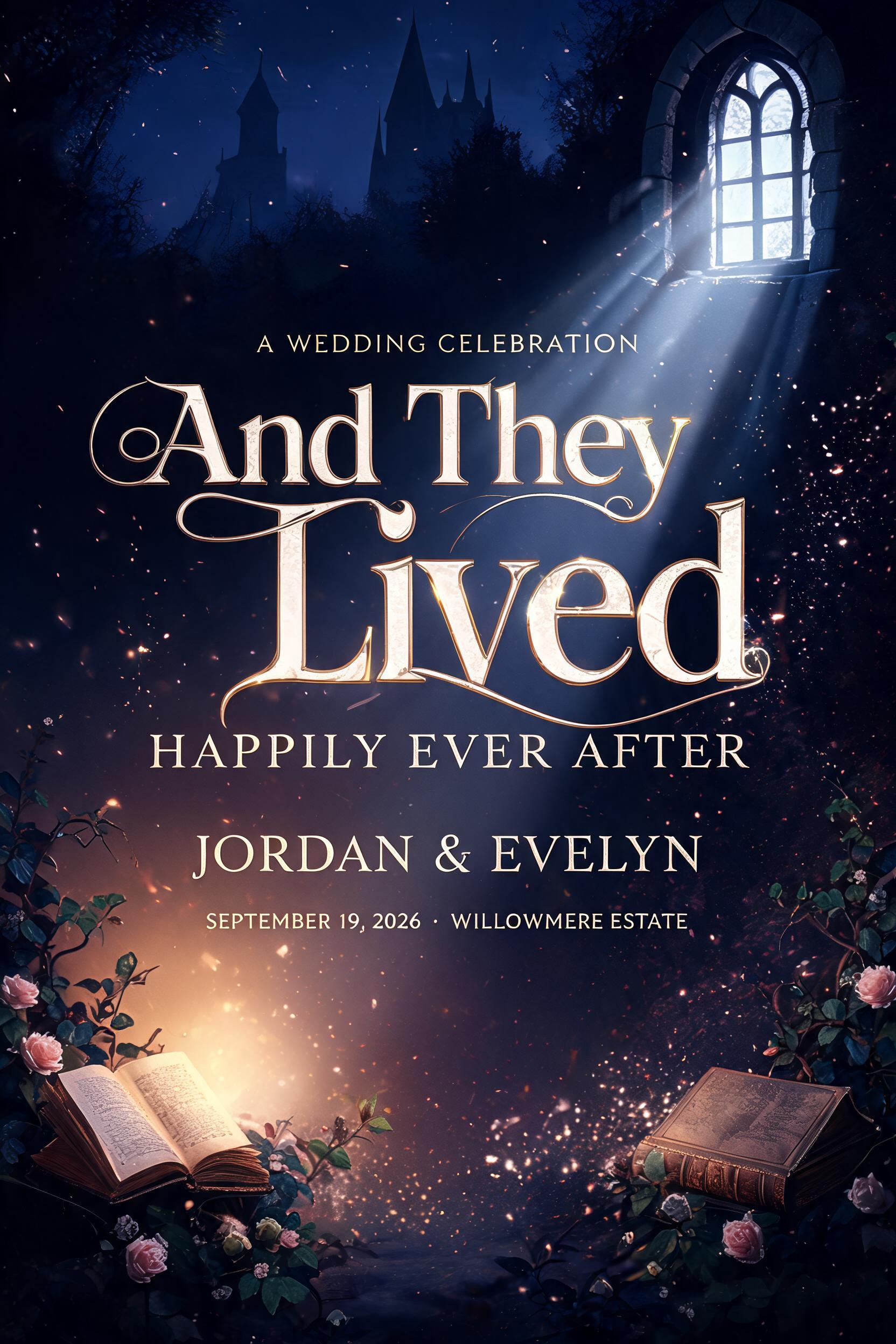 "A WEDDING CELEBRATION
And They Lived
HAPPILY EVER AFTER
JORDAN & EVELYN
SEPTEMBER 19, 2026  ·  WILLOWMERE ESTATE" — Fairy Tale | AI Text Effect Generator