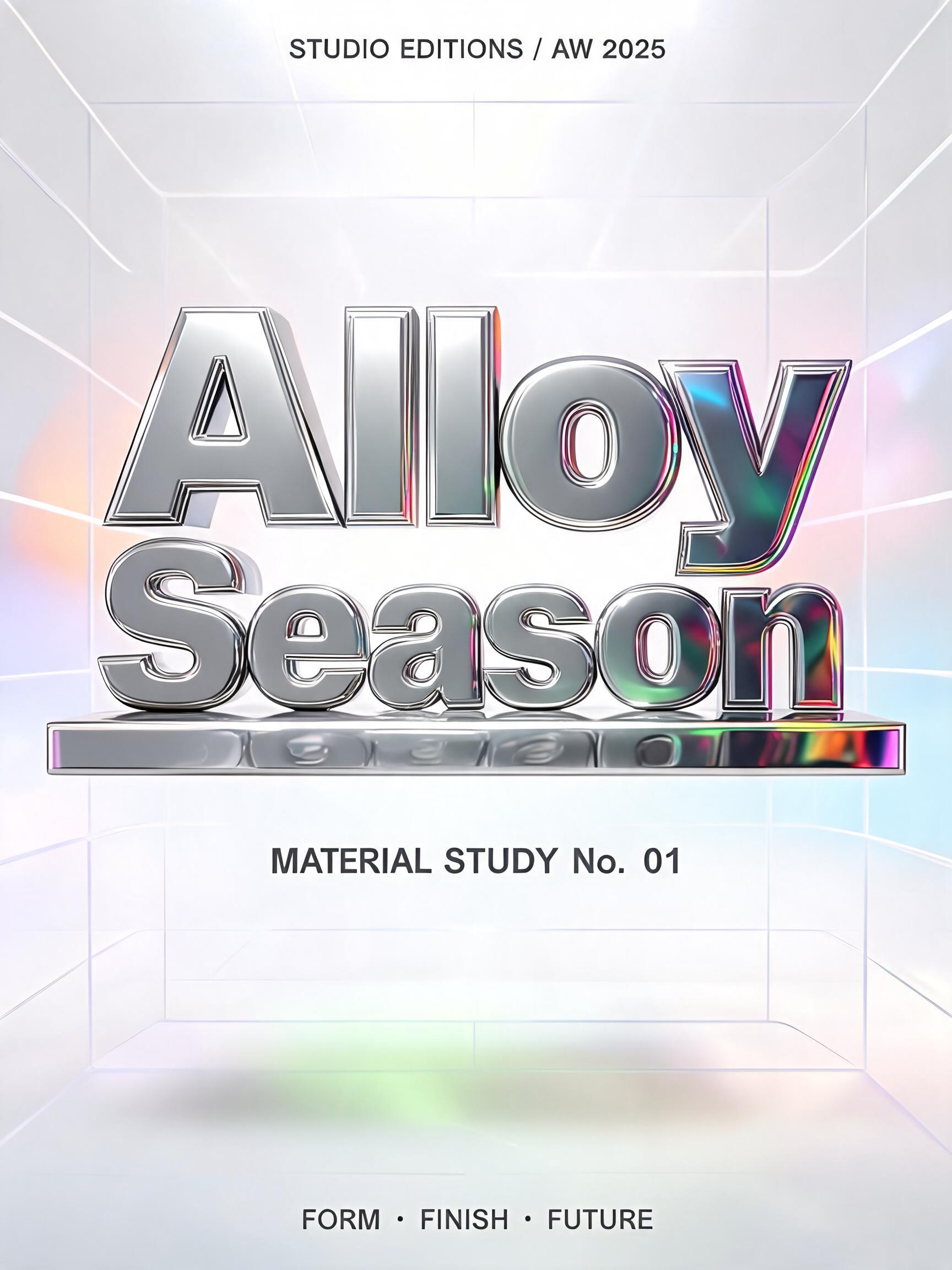 "STUDIO EDITIONS / AW 2026
Alloy
Season
MATERIAL STUDY No. 01
FORM · FINISH · FUTURE" — Y2k Chrome | AI Text Effect Generator