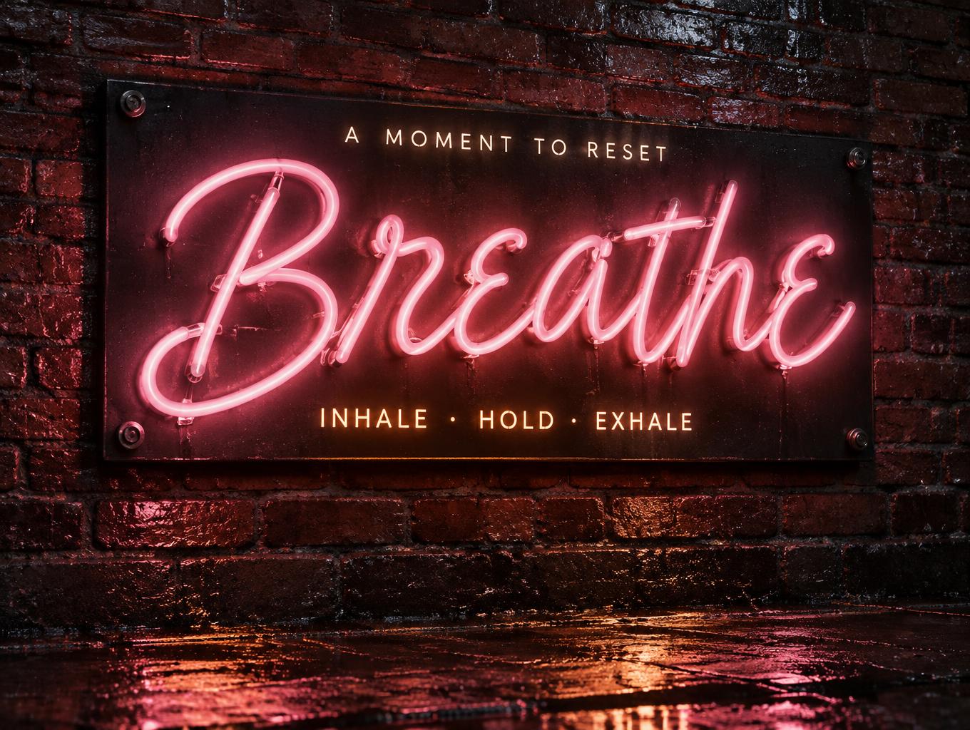 "BREATHE
A MOMENT TO RESET
INHALE · HOLD · EXHALE" — Neon Sign | AI Text Effect Generator