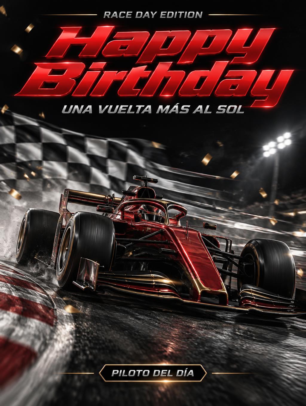 "Happy Birthday
RACE DAY EDITION
UNA VUELTA MÁS AL SOL
PILOTO DEL DÍA" — Racing | AI Text Effect Generator