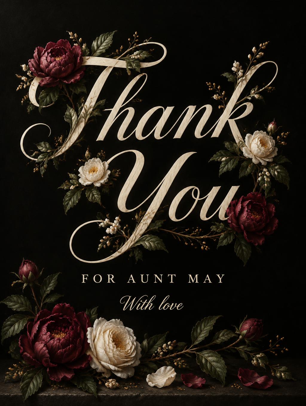 "Thank You
For Aunt May
With love" — Floral | AI Text Effect Generator