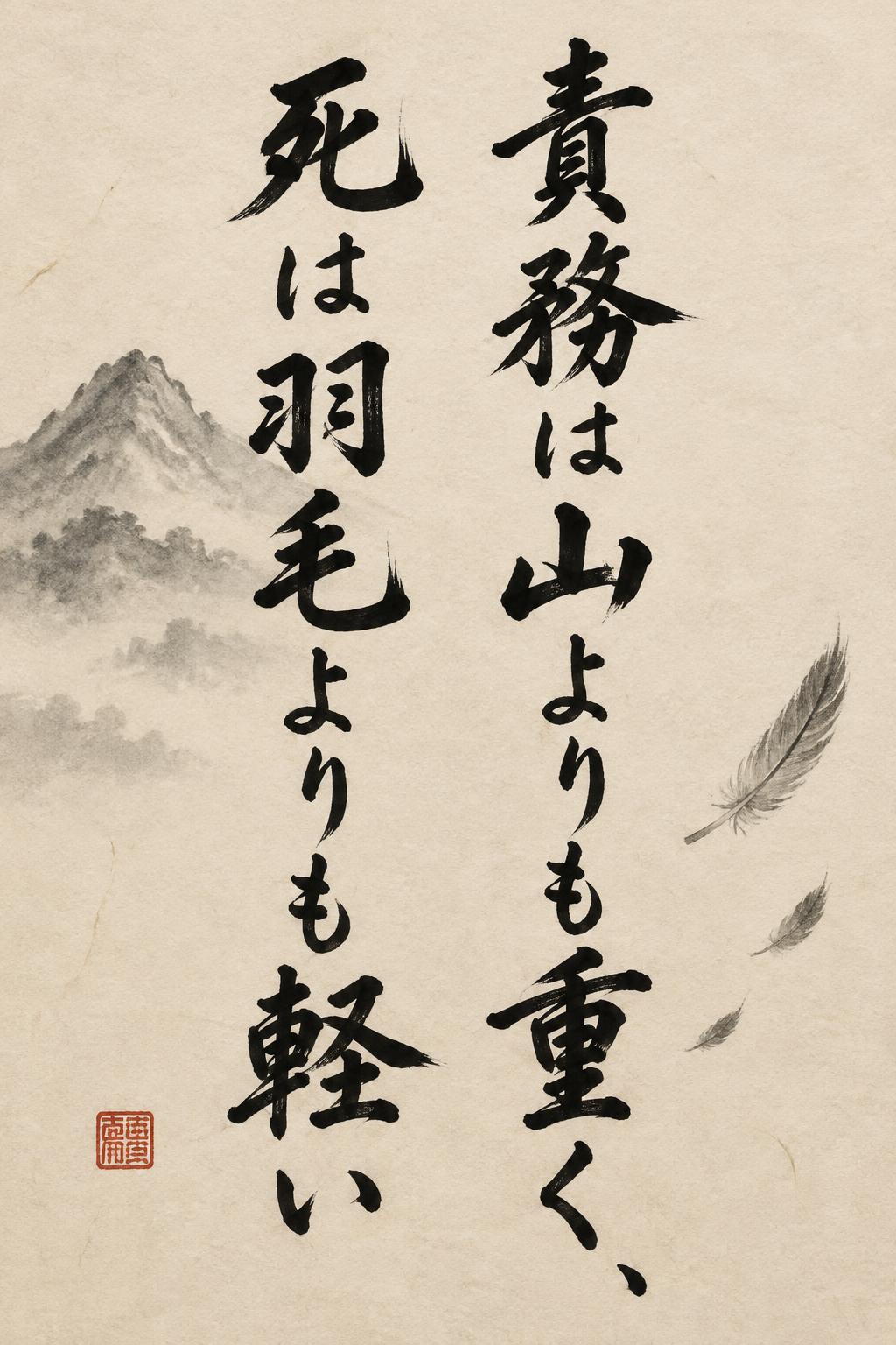 "責務は山よりも重く、死は羽毛よりも軽い" — Brush Japanese Ink | AI Text Effect Generator