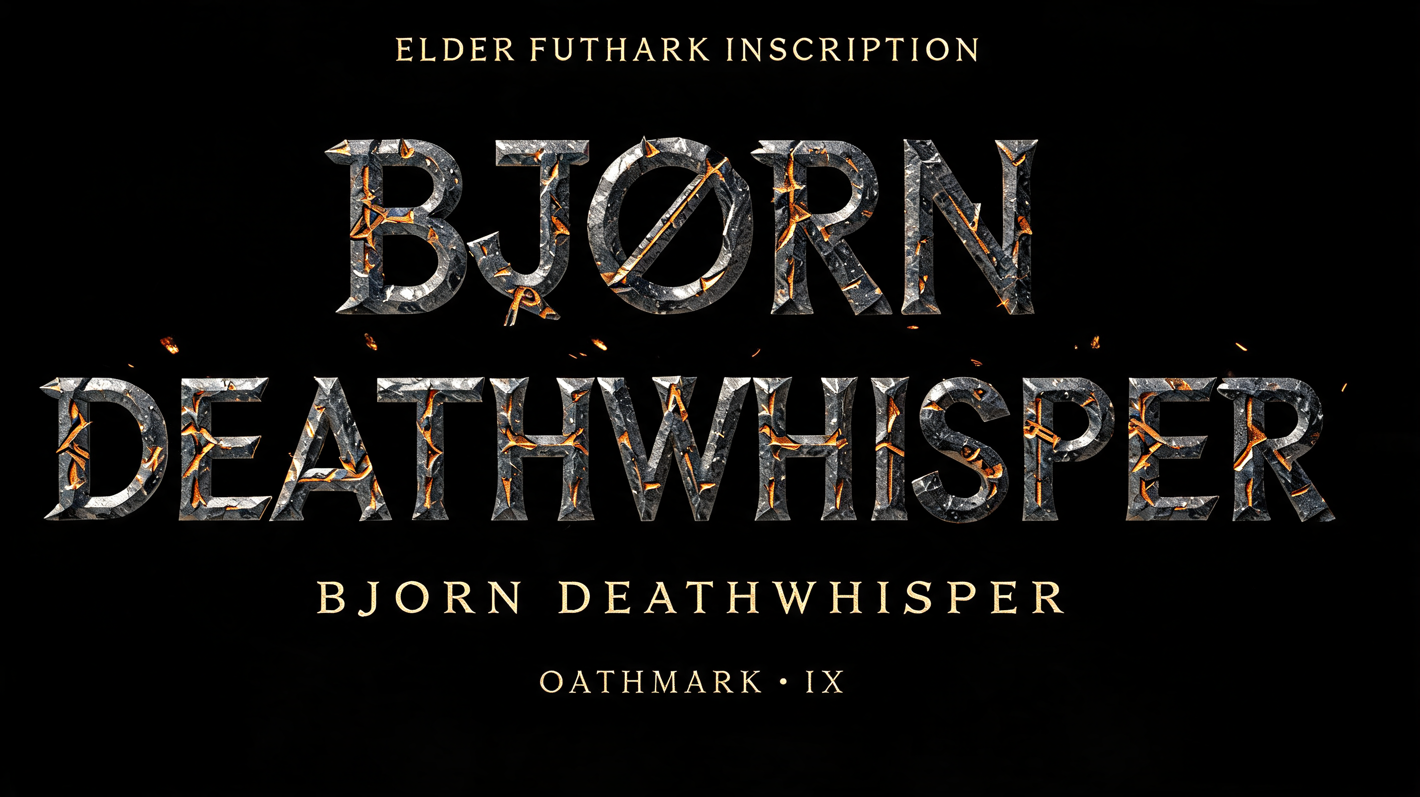 "ᛒᛃᛟᚱᚾ
ᛞᛖᚨᛏᚺᚹᛁᛋᛈᛖᚱ
ELDER FUTHARK INSCRIPTION
BJORN DEATHWHISPER
OATHMARK · IX" — Viking | AI Text Effect Generator