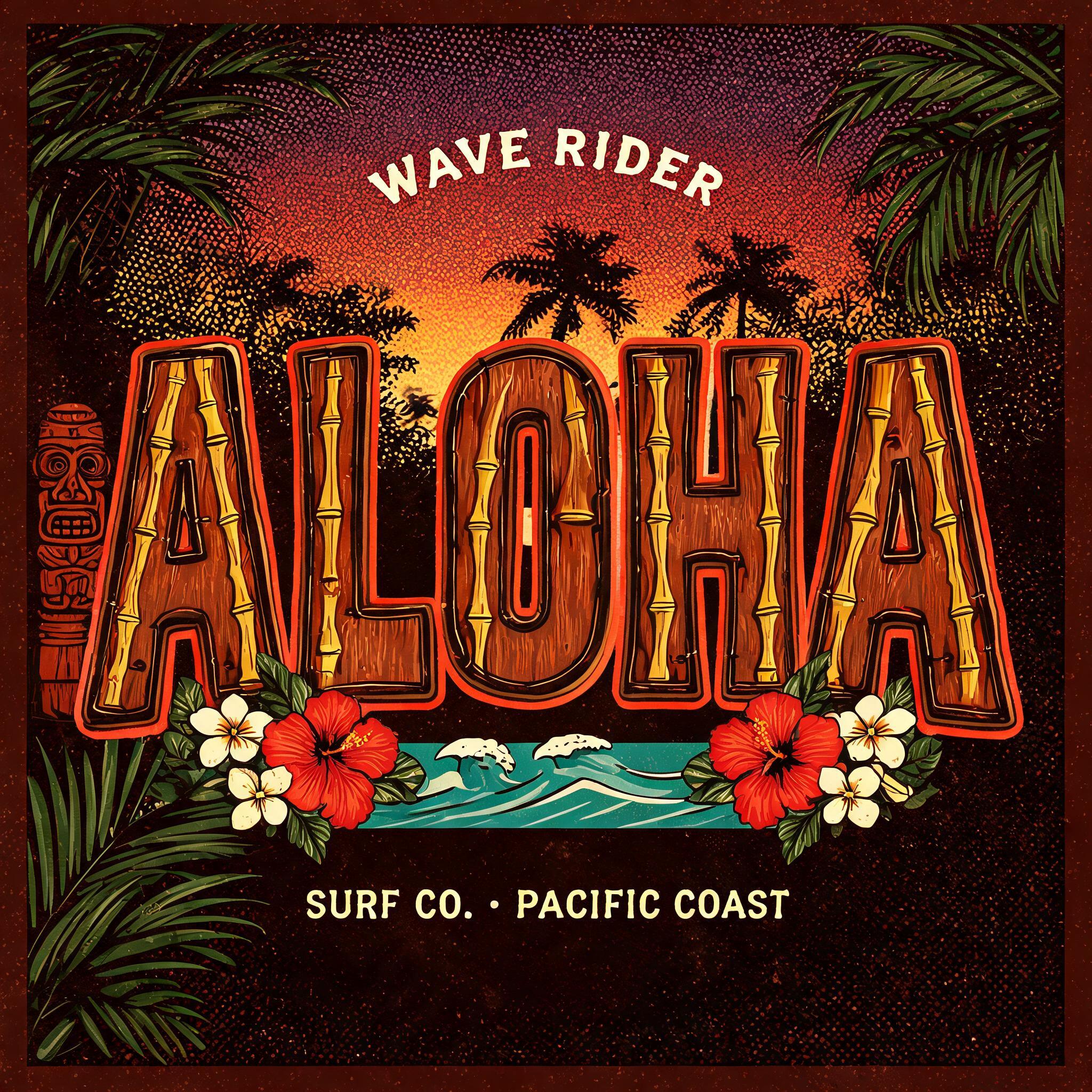 "WAVE RIDER
ALOHA
SURF CO. · PACIFIC COAST" — Hawaiian | AI Text Effect Generator