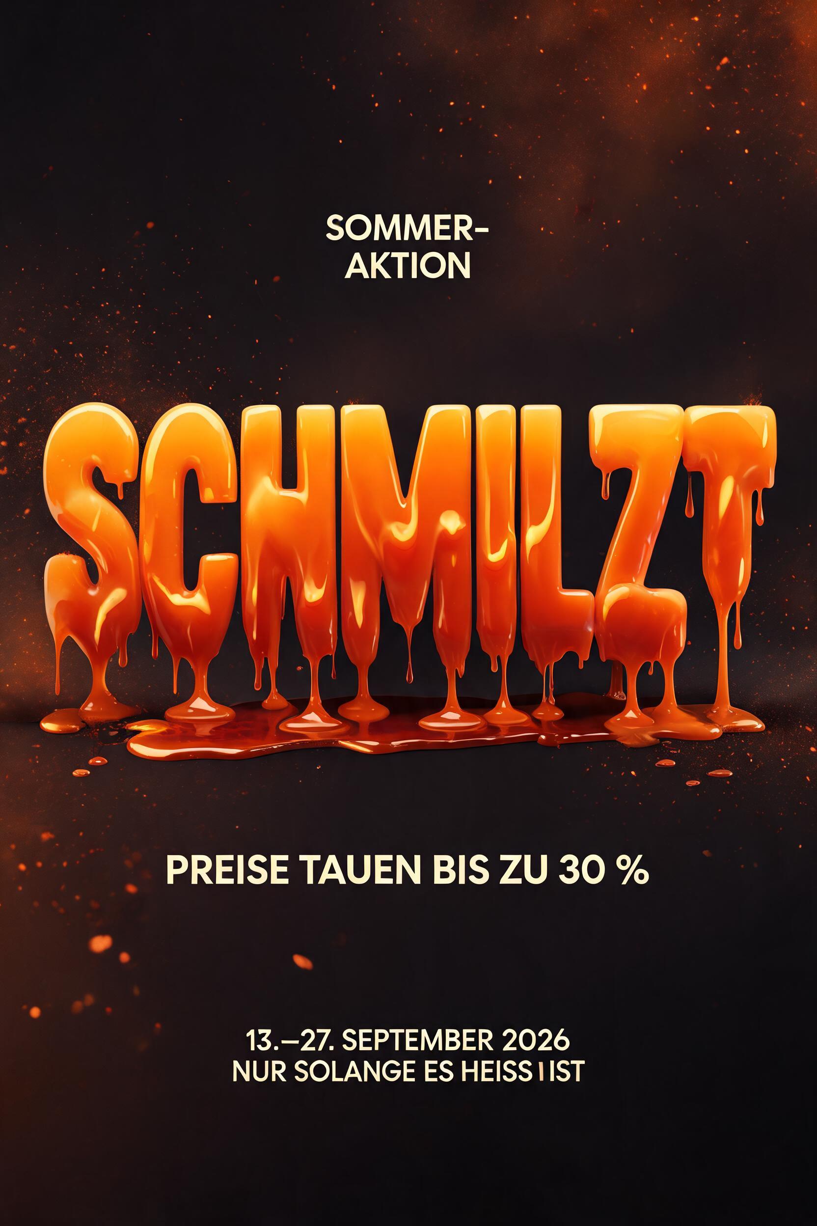 "SCHMILZT
SOMMER-AKTION
PREISE TAUEN BIS ZU 30 %
13.–27. SEPTEMBER 2026
NUR SOLANGE ES HEISS IST" — Drip Font Melting | AI Text Effect Generator