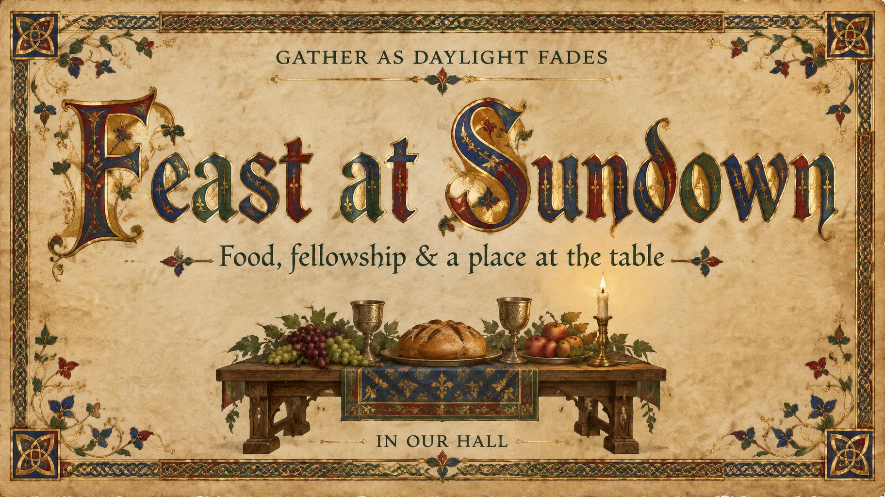 "Feast at Sundown
GATHER AS DAYLIGHT FADES
Food, fellowship & a place at the table
IN OUR HALL" — Medieval | AI Text Effect Generator
