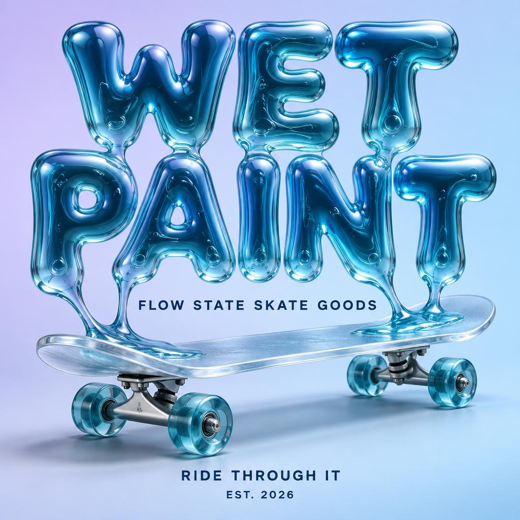 "WET
PAINT
FLOW STATE SKATE GOODS
RIDE THROUGH IT
EST. 2026" — Glass Liquid | AI Text Effect Generator
