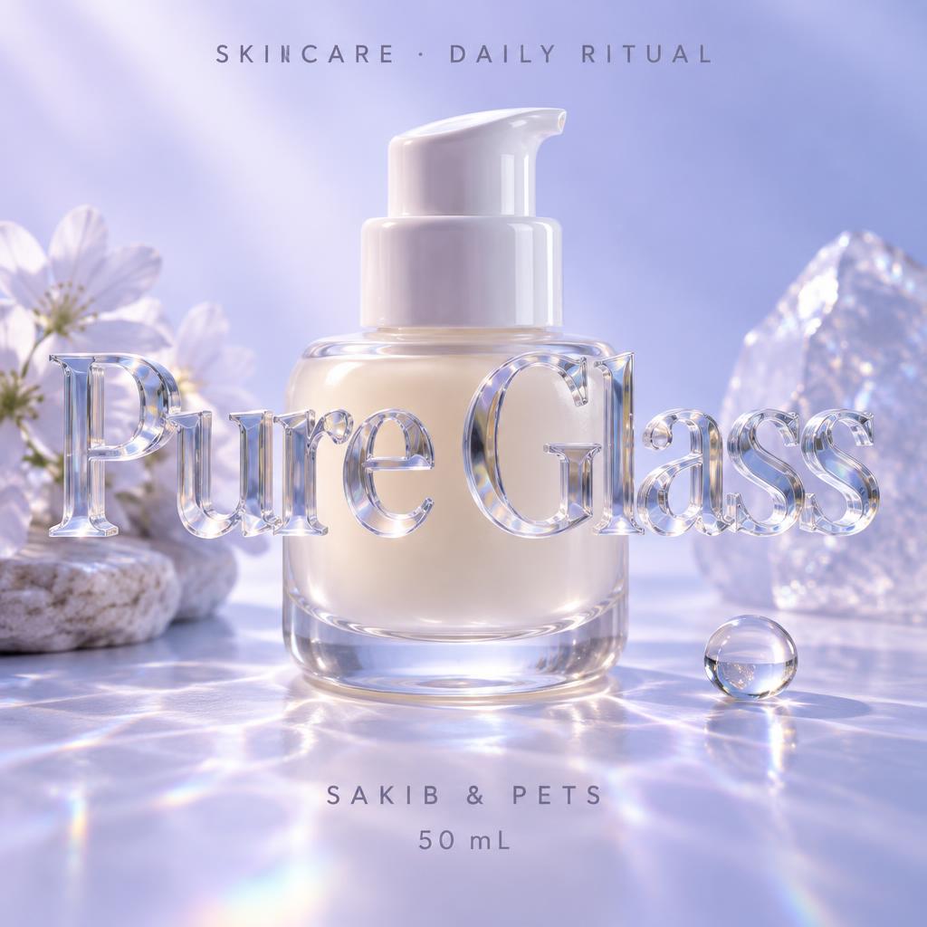 "Pure Glass
SKINCARE · DAILY RITUAL
SAKIB & PETS
50 mL" — Glass | AI Text Effect Generator