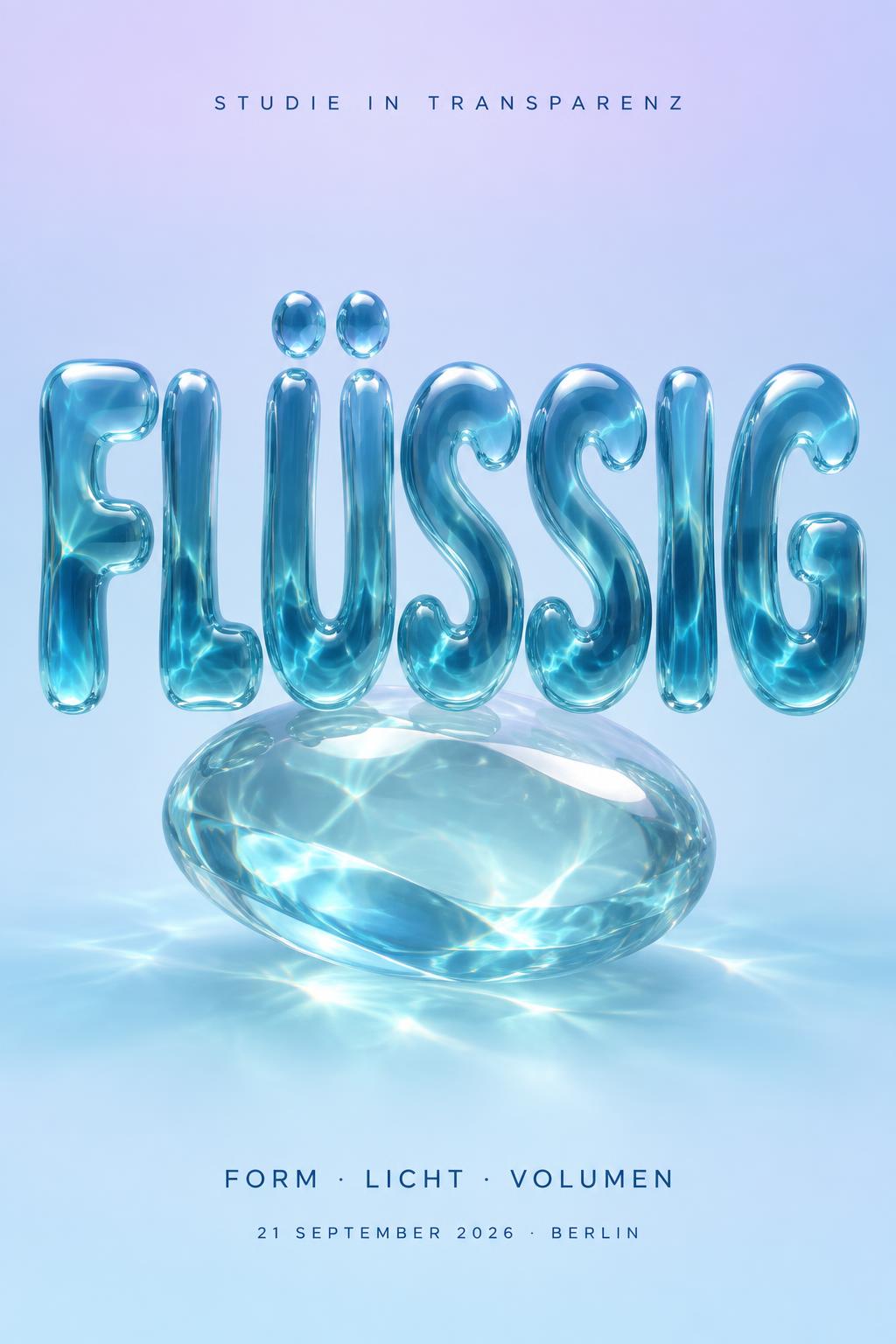 "FLÜSSIG
STUDIE IN TRANSPARENZ
FORM · LICHT · VOLUMEN
21 SEPTEMBER 2026 · BERLIN" — Glass Liquid | AI Text Effect Generator