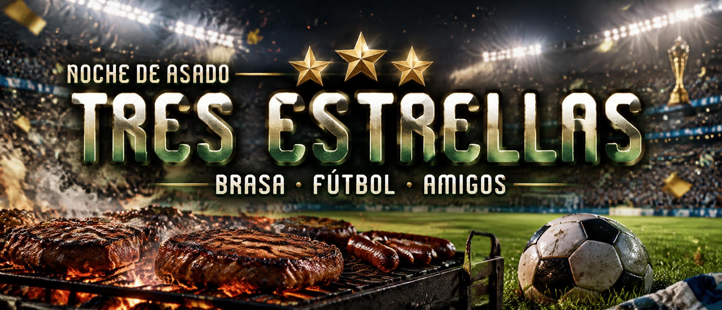 "TRES ESTRELLAS
NOCHE DE ASADO
BRASA · FÚTBOL · AMIGOS" — Sports Football | AI Text Effect Generator