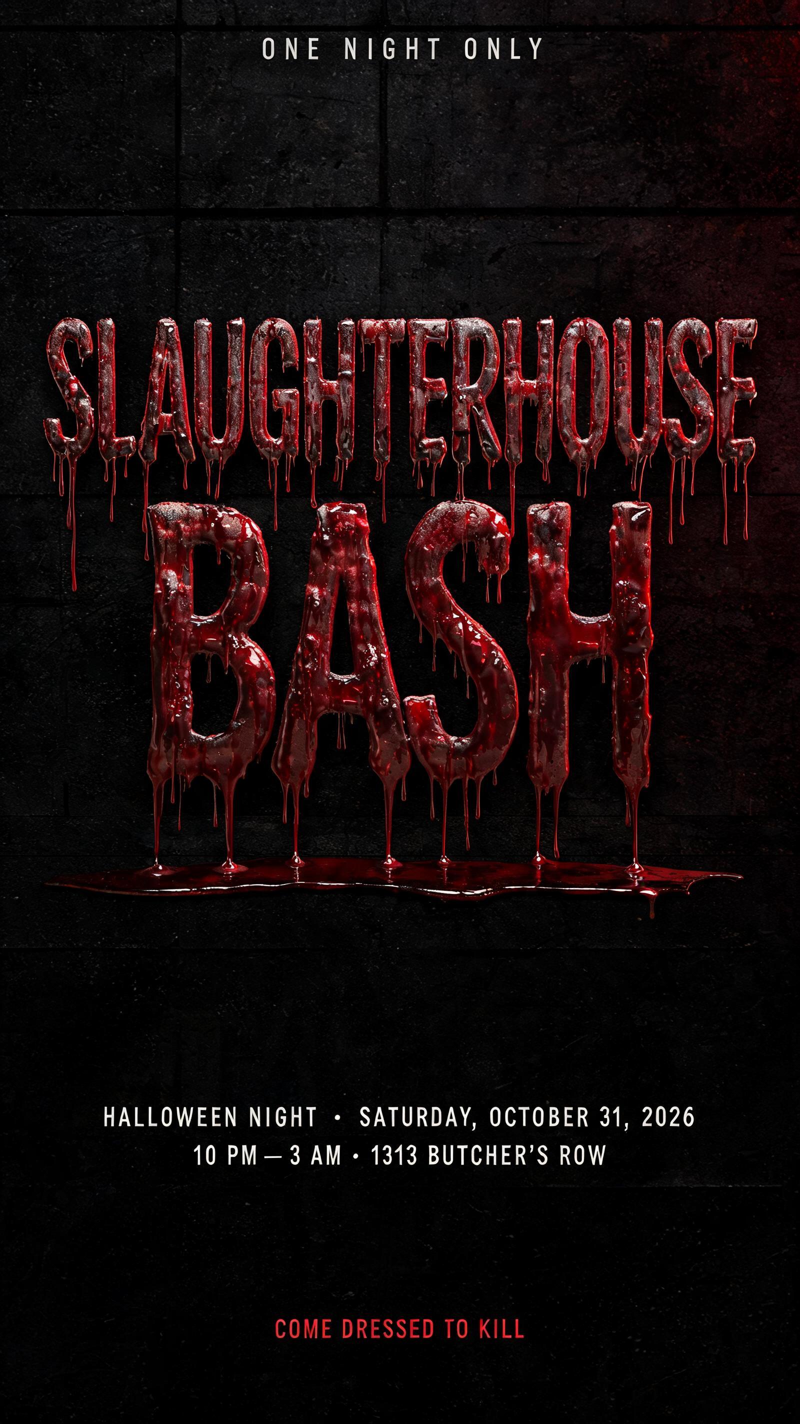 "ONE NIGHT ONLY
SLAUGHTERHOUSE
BASH
HALLOWEEN NIGHT · SATURDAY, OCTOBER 31, 2026
10 PM — 3 AM · 1313 BUTCHER'S ROW
COME DRESSED TO KILL" — Drip Font Blood | AI Text Effect Generator