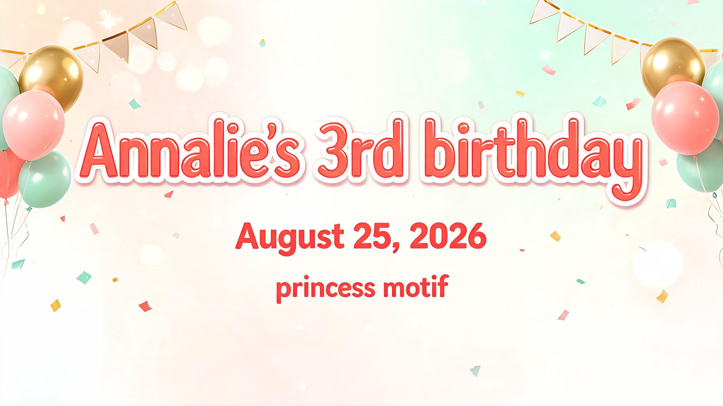 "Annalie's 3rd birthday, August 25, 2026 princess motif" — Birthday | AI Text Effect Generator