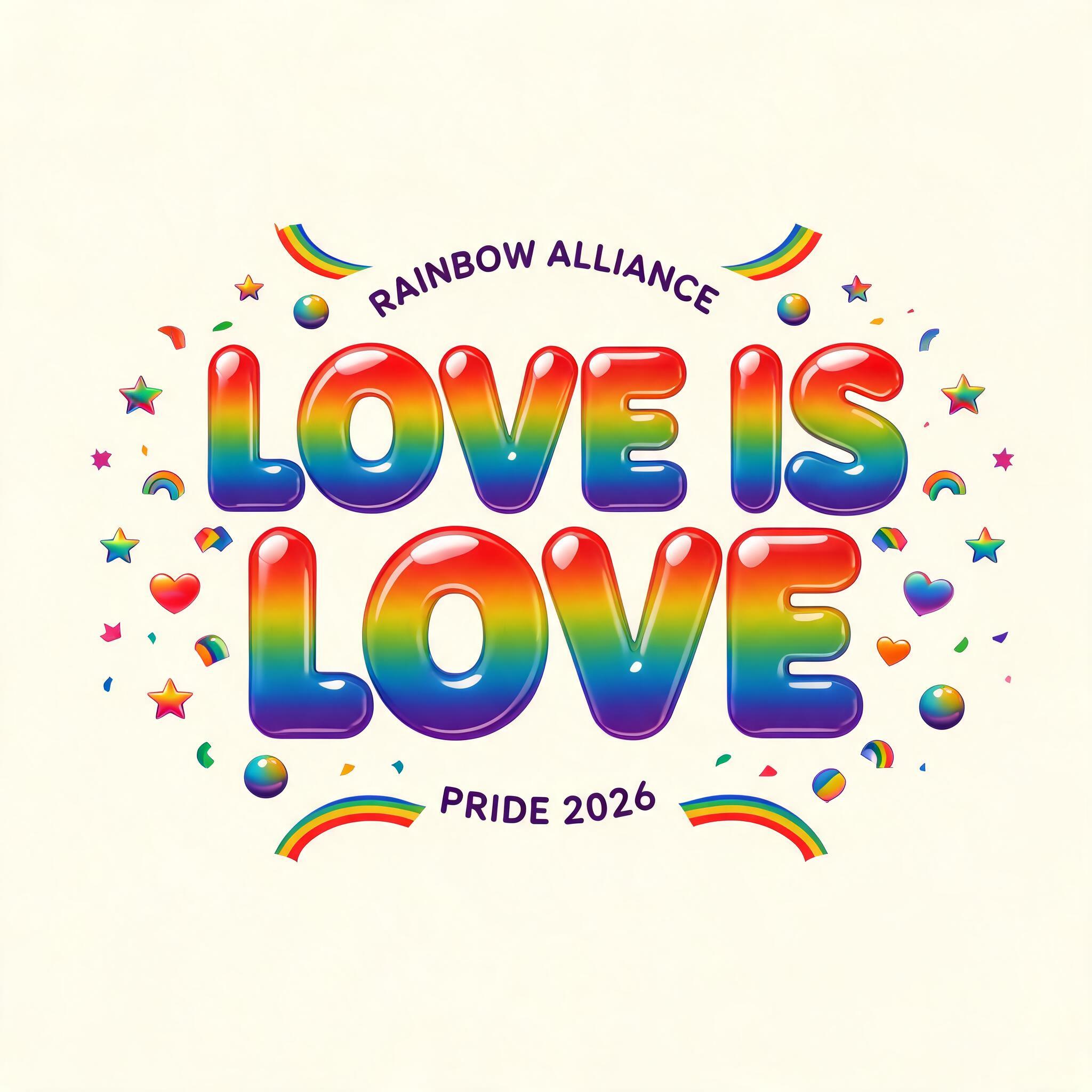 "Design Pride merch that says LOVE IS LOVE for the group Rainbow Alliance" — Rainbow text effect