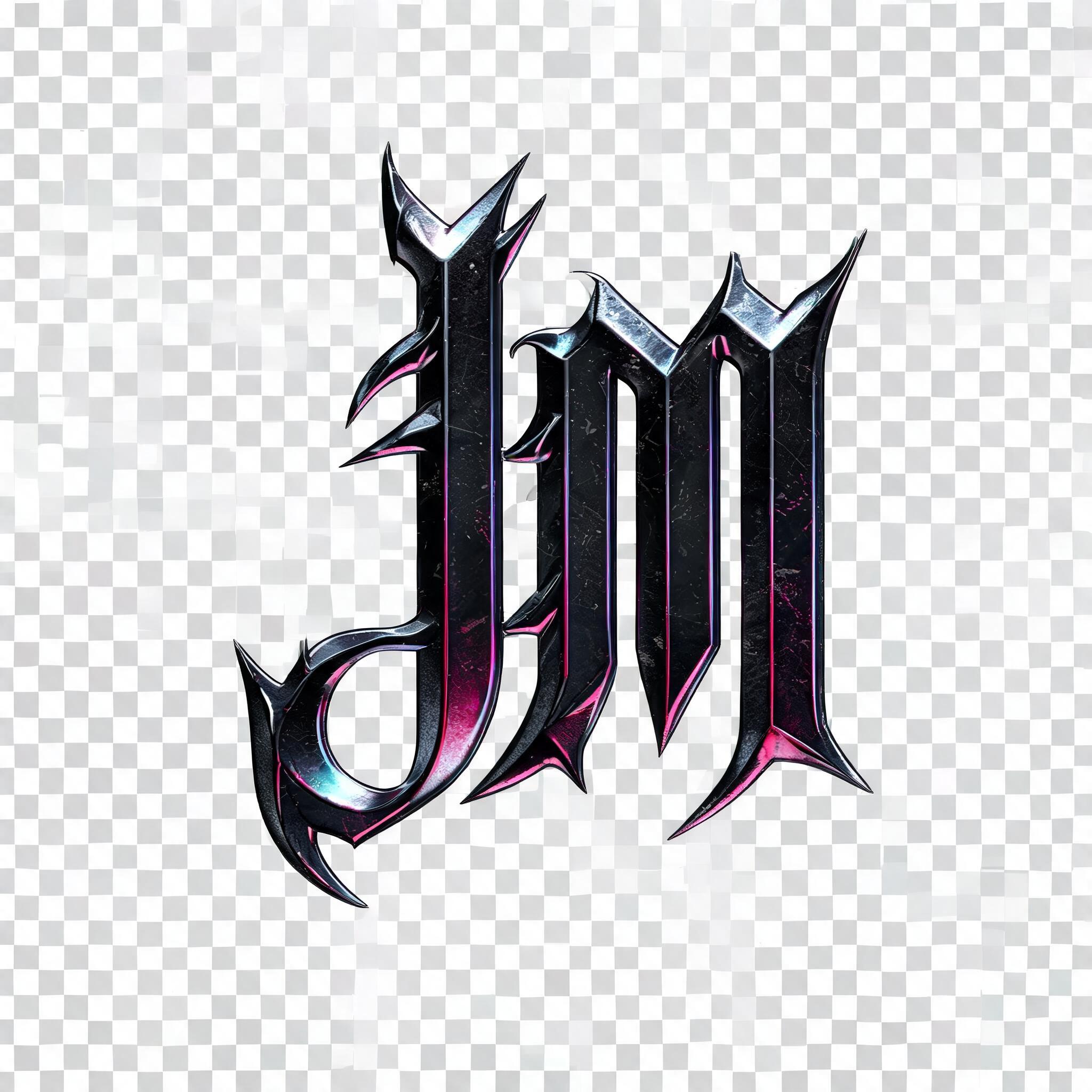 "Heavy metal gothic font style, industrial metal texture, sharp spiky letters JM, 3d liquid chrome effect, black metal aesthetic, PNG transparent background" — Y2k Liquid | AI Text Effect Generator