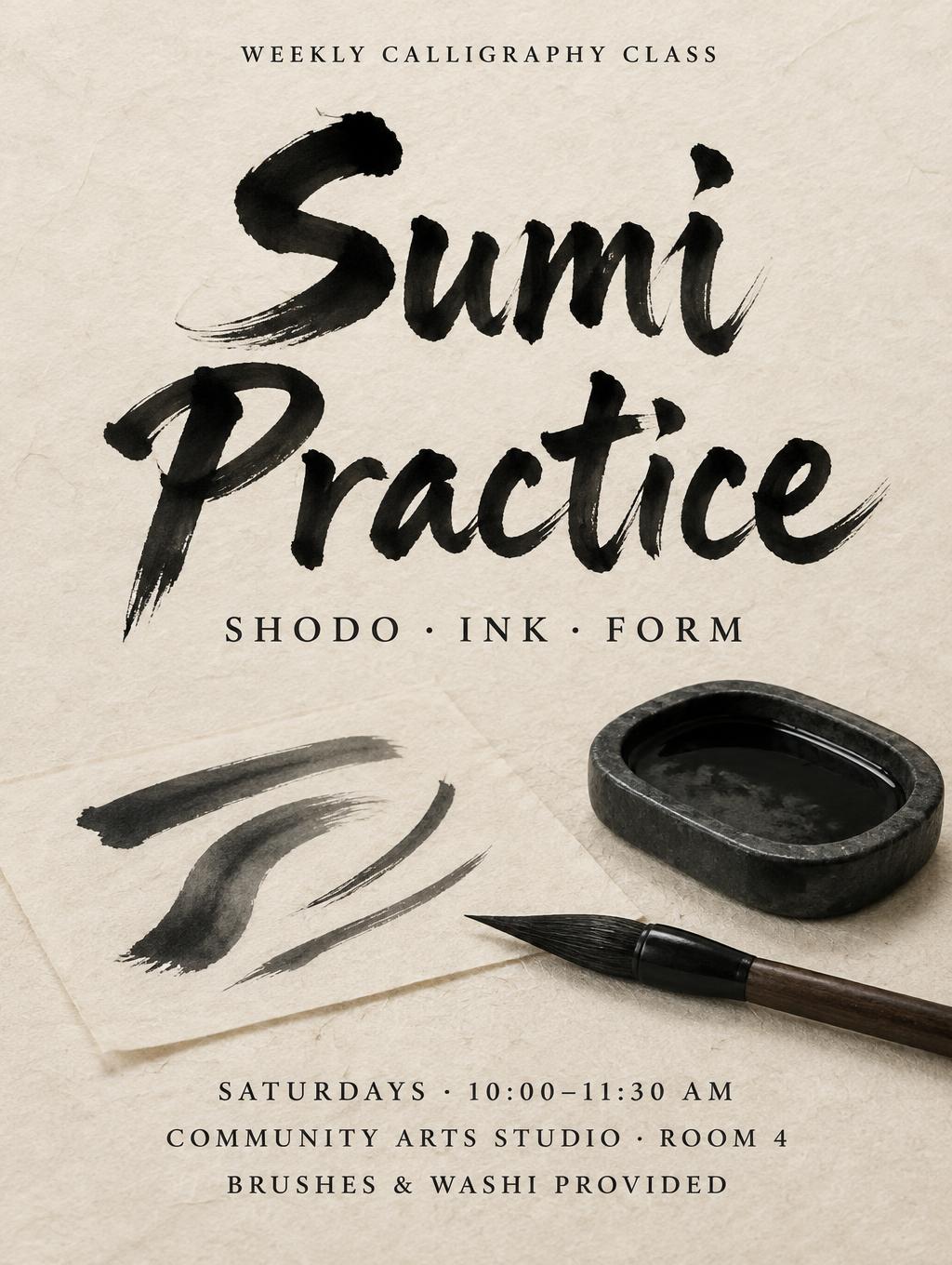 "Sumi Practice
WEEKLY CALLIGRAPHY CLASS
SHODO · INK · FORM
SATURDAYS · 10:00–11:30 AM
COMMUNITY ARTS STUDIO · ROOM 4
BRUSHES & WASHI PROVIDED" — Brush Japanese Ink | AI Text Effect Generator