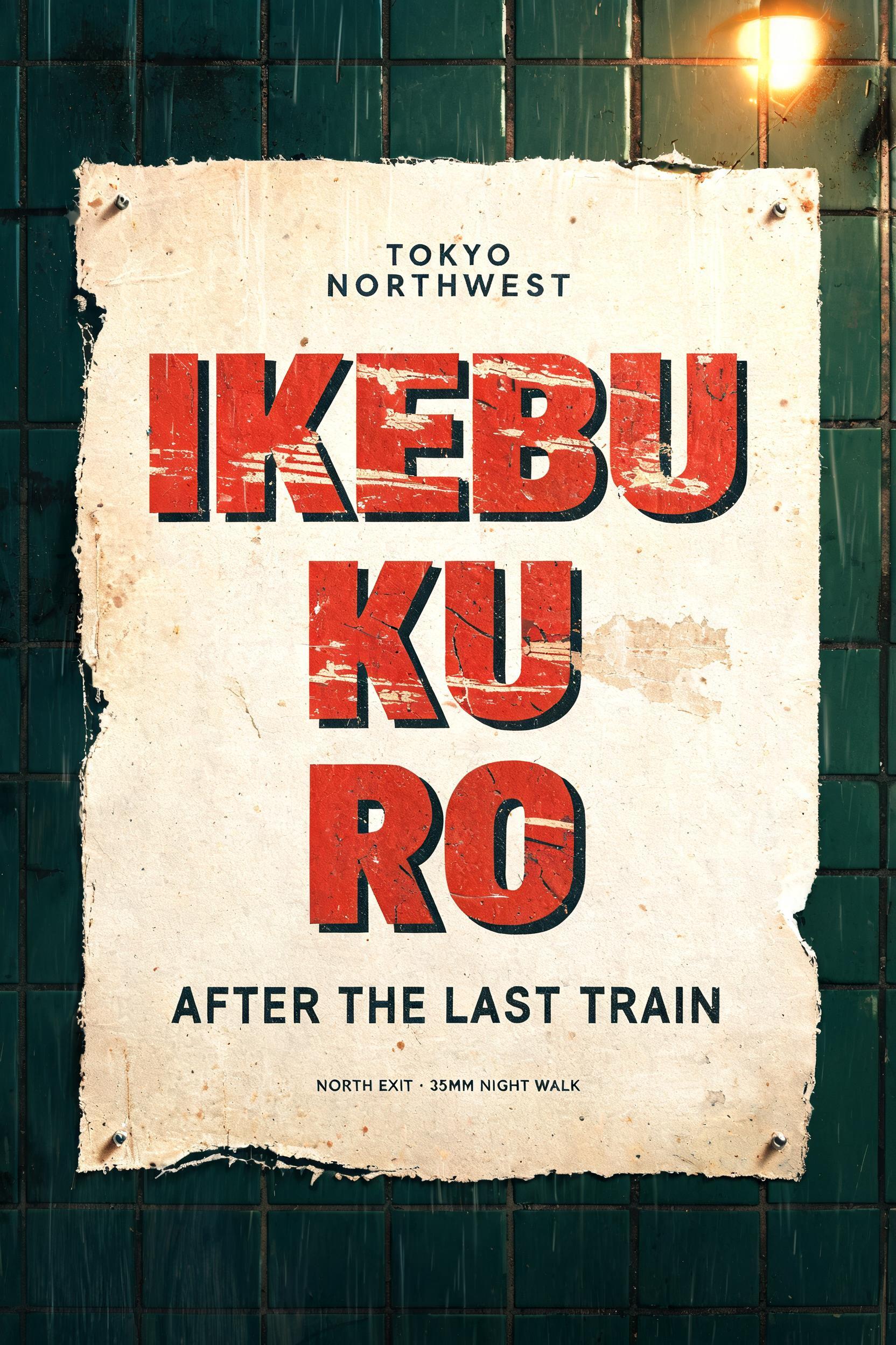 "IKEBU
KU
RO
TOKYO / NORTHWEST
AFTER THE LAST TRAIN
NORTH EXIT · 35MM NIGHT WALK" — Vintage text effect