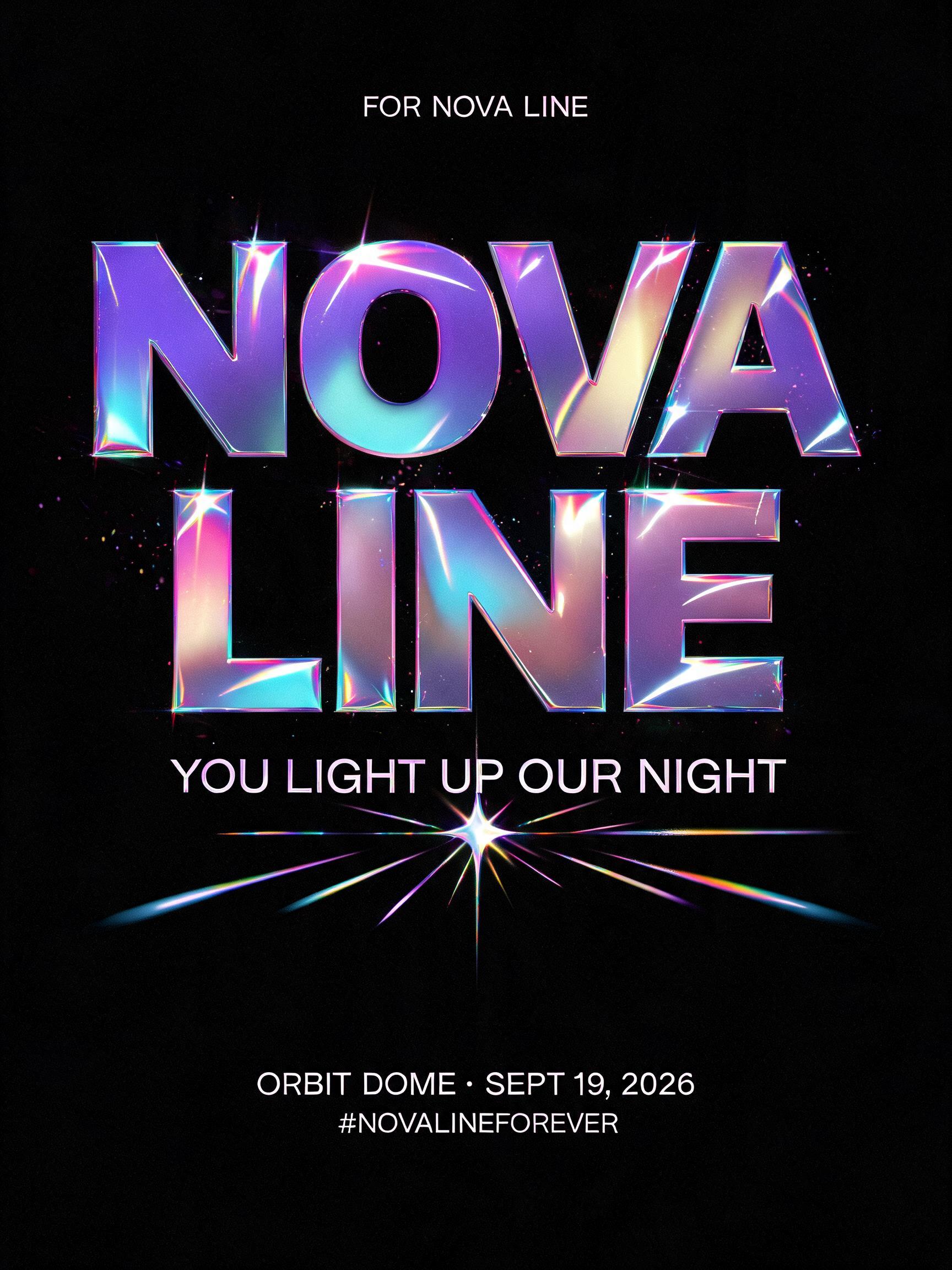 "NOVA
LINE
FOR NOVA LINE
YOU LIGHT UP OUR NIGHT
ORBIT DOME · SEPT 19, 2026
#NOVALINEFOREVER" — Holographic | AI Text Effect Generator