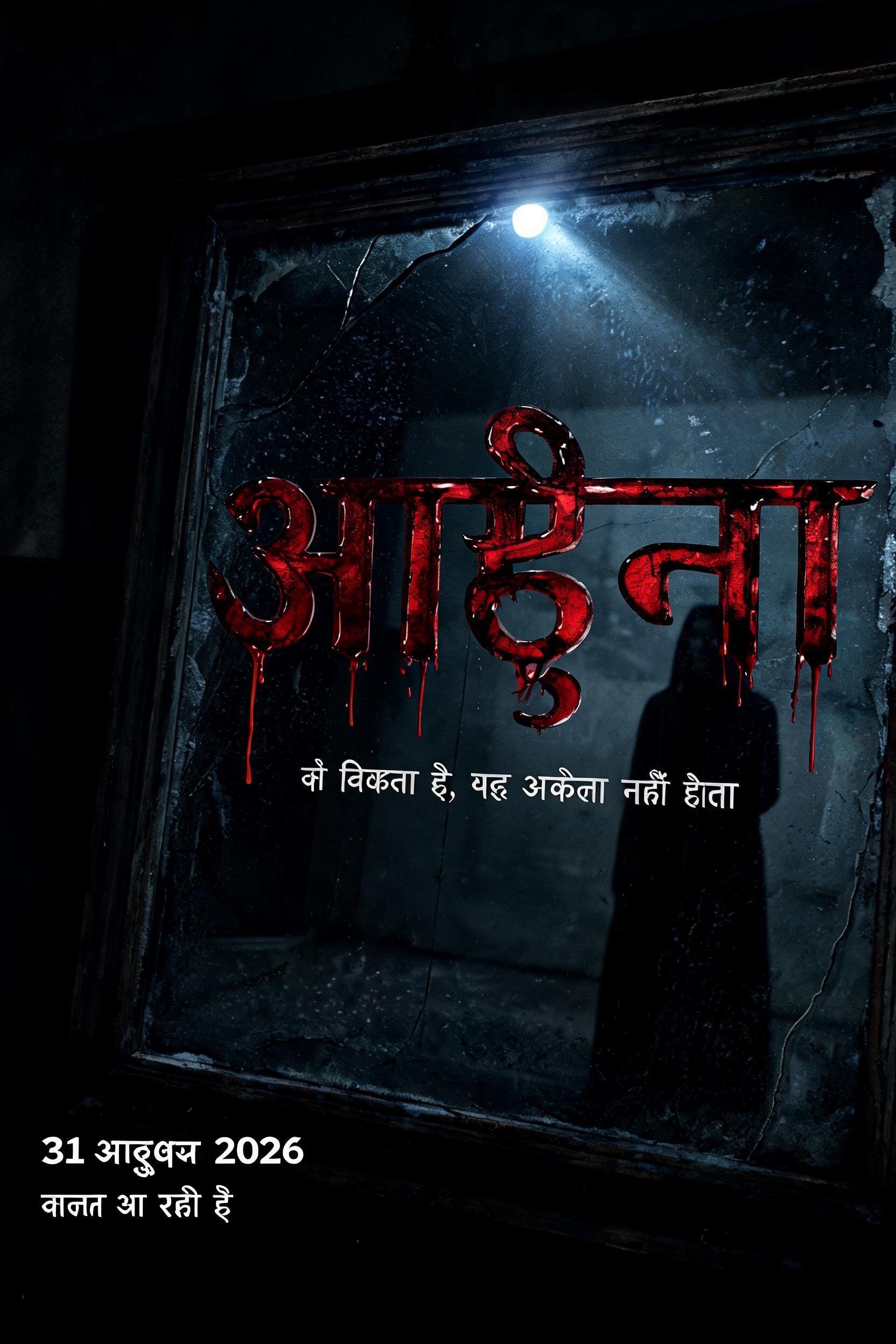 "आईना
एक मनोवैज्ञानिक हॉरर फिल्म
जो दिखता है, वह अकेला नहीं होता
31 अक्टूबर 2026
जल्द आ रही है" — Cinematic Horror | AI Text Effect Generator