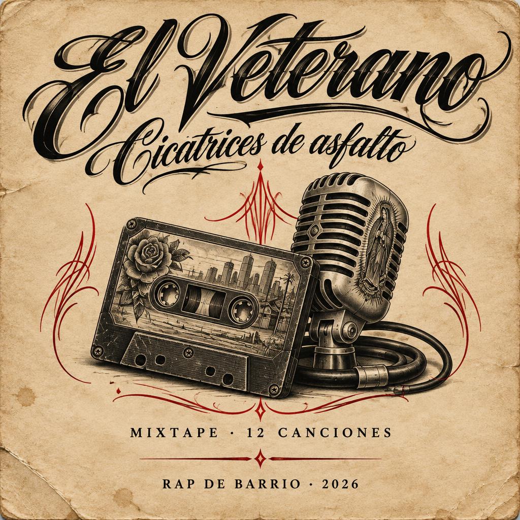 "El Veterano
Cicatrices de asfalto
MIXTAPE · 12 CANCIONES
RAP DE BARRIO · 2026" — Chicano | AI Text Effect Generator