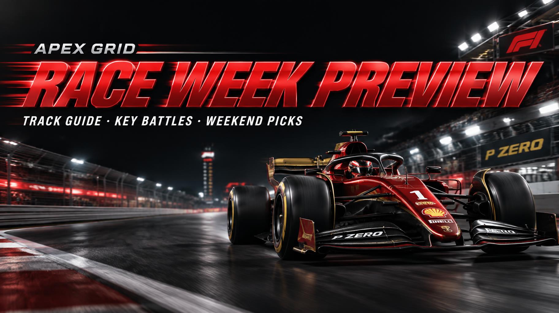 "RACE WEEK PREVIEW
TRACK GUIDE · KEY BATTLES · WEEKEND PICKS
APEX GRID" — Racing | AI Text Effect Generator
