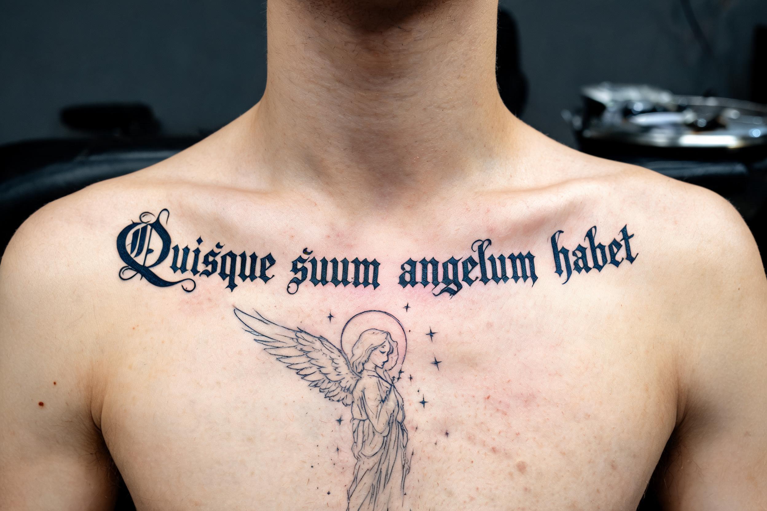 "Quisque suum angelum habet" — Tattoo | AI Text Effect Generator