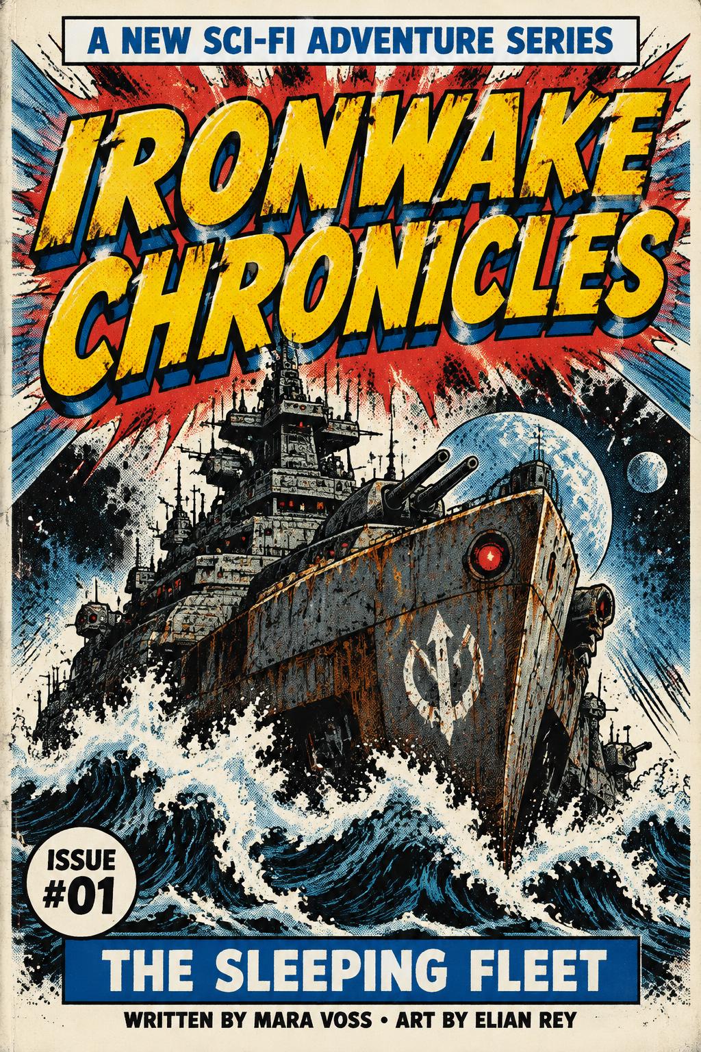 "IRONWAKE
CHRONICLES
A NEW SCI-FI ADVENTURE SERIES
ISSUE #01
THE SLEEPING FLEET
WRITTEN BY MARA VOSS • ART BY ELIAN REY" — Comic Book | AI Text Effect Generator