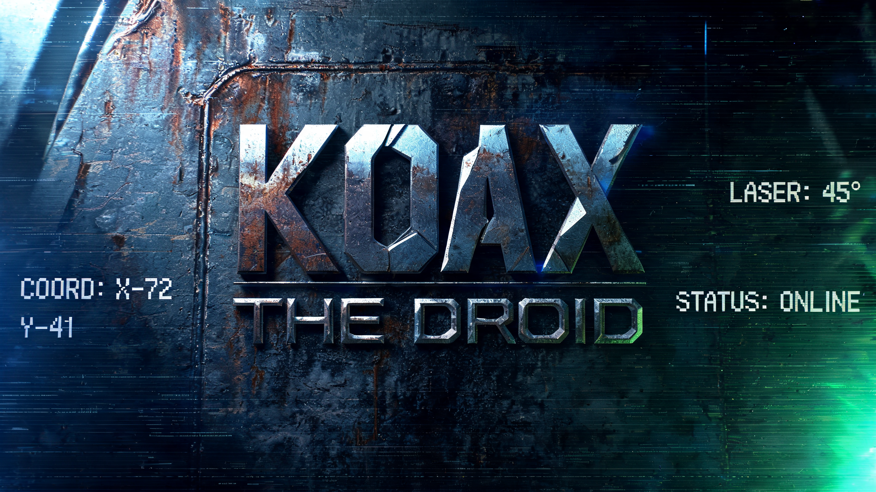 "Diseño de tipografía industrial pesada para logotipo musical. Letras mayúsculas en negrita ('KOAX THE DROID') con estructura geométrica angular y bordes afilados como metal cortado por láser. Estilo Cyberpunk Industrial, texturas de acero oxidado" — Cyberpunk Tech Hud text effect