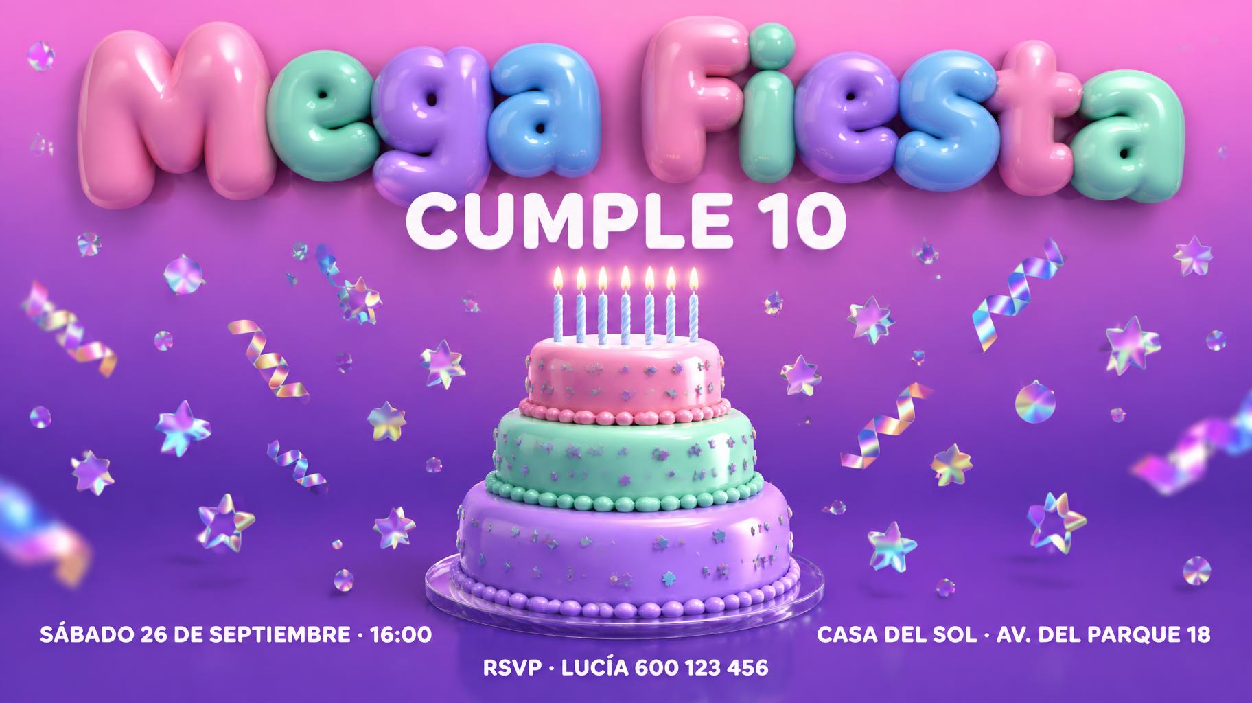 "Mega Fiesta
CUMPLE 10
SÁBADO 26 DE SEPTIEMBRE · 16:00
CASA DEL SOL · AV. DEL PARQUE 18
RSVP · LUCÍA 600 123 456" — 3d Bold Inflated | AI Text Effect Generator