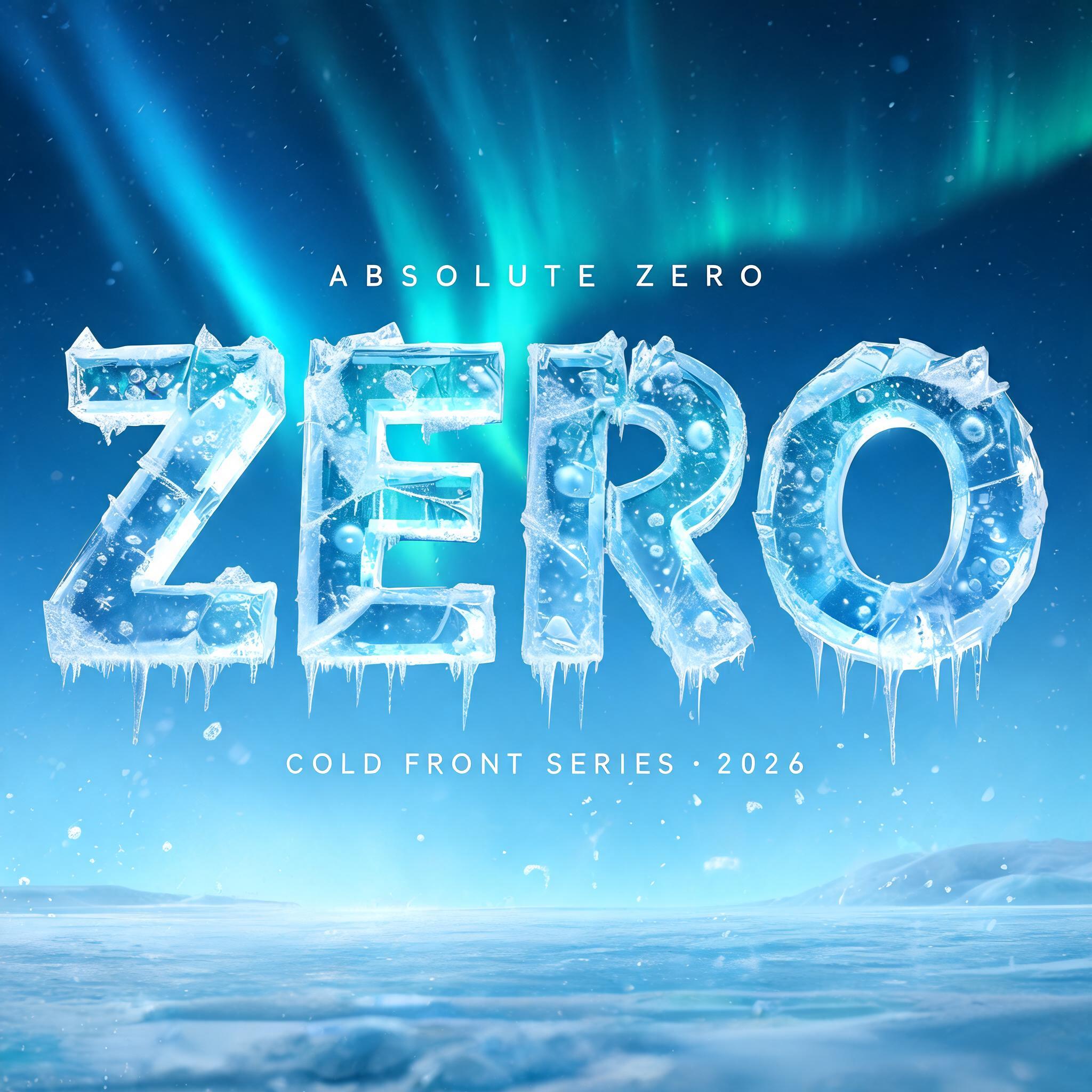 "ZERO
ABSOLUTE ZERO
COLD FRONT SERIES · 2026" — Glass Frozen | AI Text Effect Generator