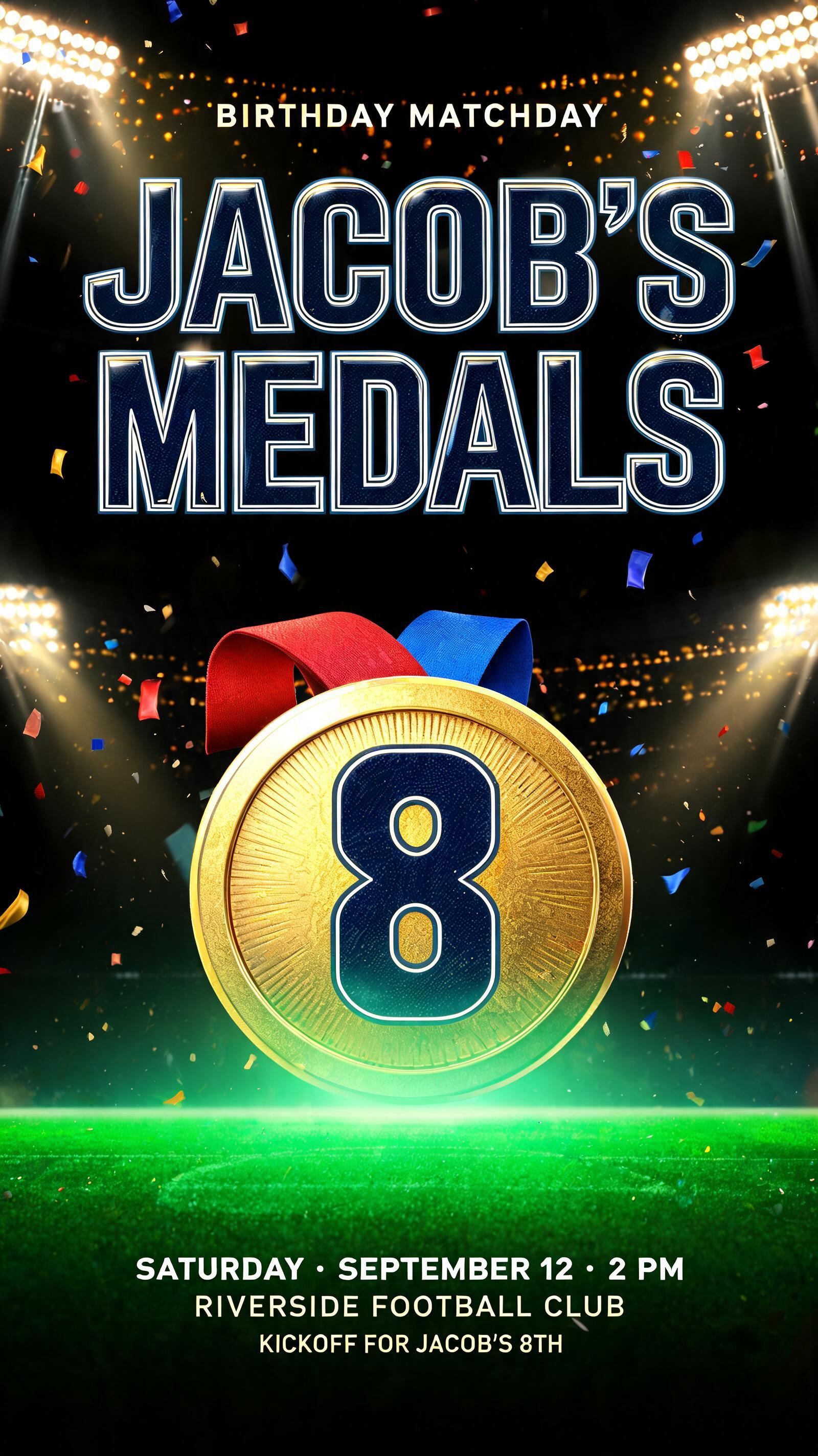 "JACOB’S
MEDALS
8
BIRTHDAY MATCHDAY
SATURDAY · SEPTEMBER 12 · 2 PM
RIVERSIDE FOOTBALL CLUB
KICKOFF FOR JACOB’S 8TH" — Sports Football | AI Text Effect Generator