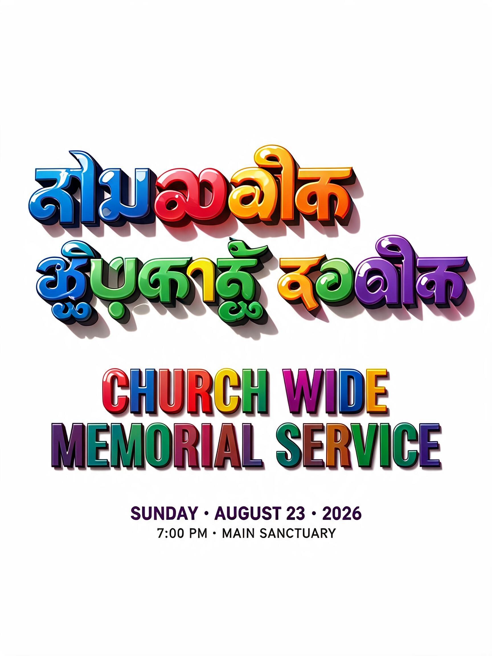 "సామూహిక జ్ఞాపకార్ధ కూడిక , Church Wide  Memorial Service 3d fonts without background" — 3d Bold | AI Text Effect Generator