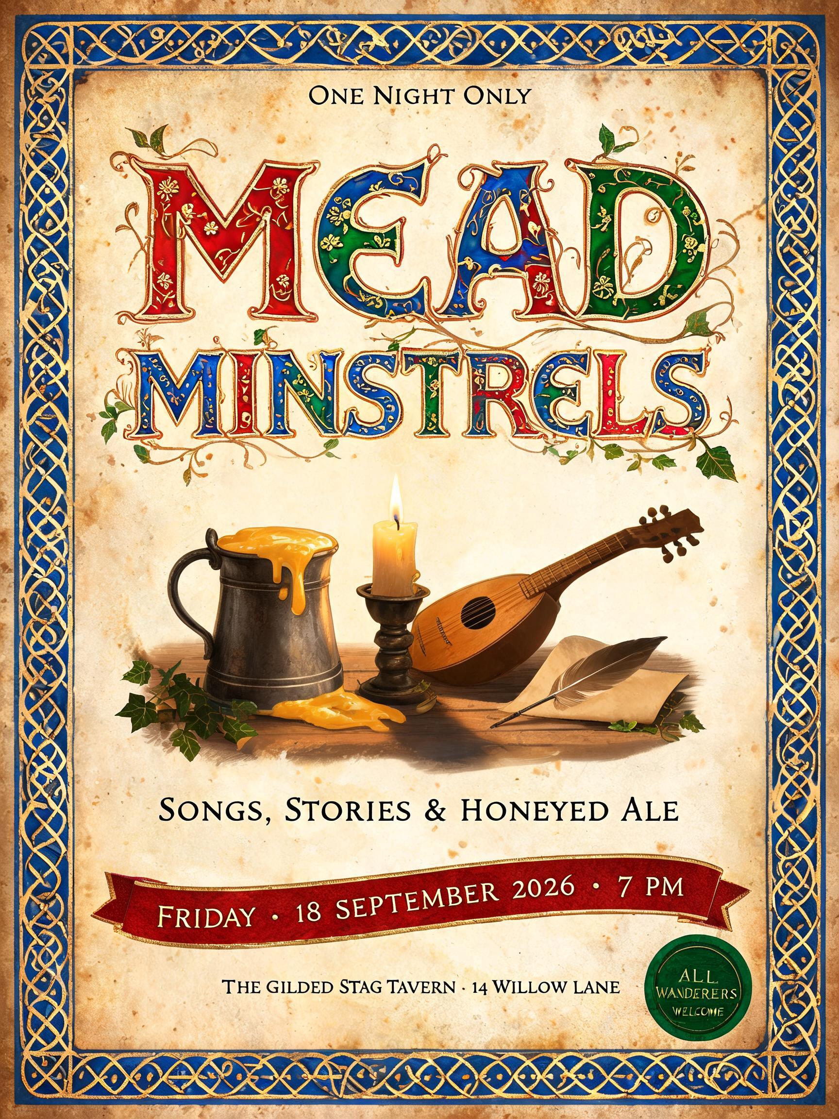 MEAD
MINSTRELS
ONE NIGHT ONLY
SONGS, STORIES & HONEYED ALE
FRIDAY · 18 SEPTEMBER 2026 · 7 PM
THE GILDED STAG TAVERN · 14 WILLOW LANE
ALL WANDERERS WELCOME