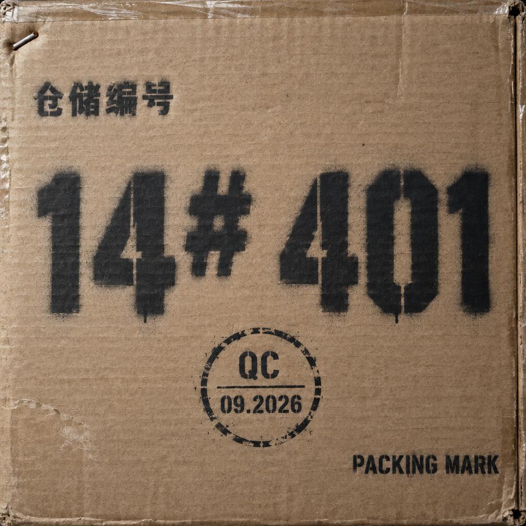 "14# 401
仓储编号
PACKING MARK
QC / 09.2026" — Stencil | AI Text Effect Generator