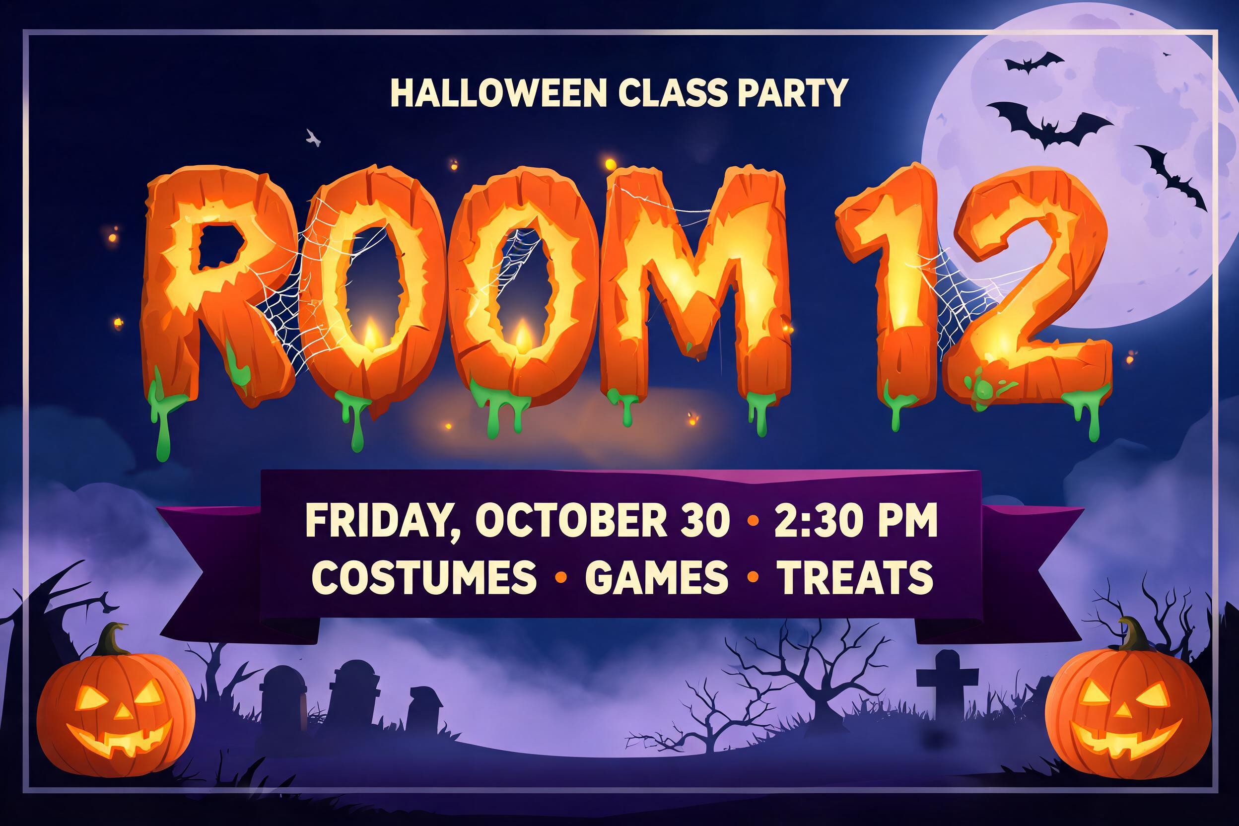 ROOM 12
HALLOWEEN CLASS PARTY
FRIDAY, OCTOBER 30 · 2:30 PM
COSTUMES · GAMES · TREATS