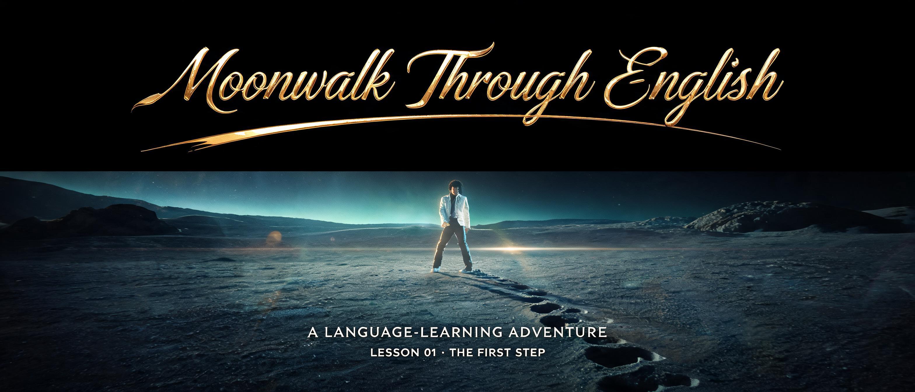 "Moonwalk Through English
A LANGUAGE-LEARNING ADVENTURE
LESSON 01 · THE FIRST STEP" — Cinematic | AI Text Effect Generator
