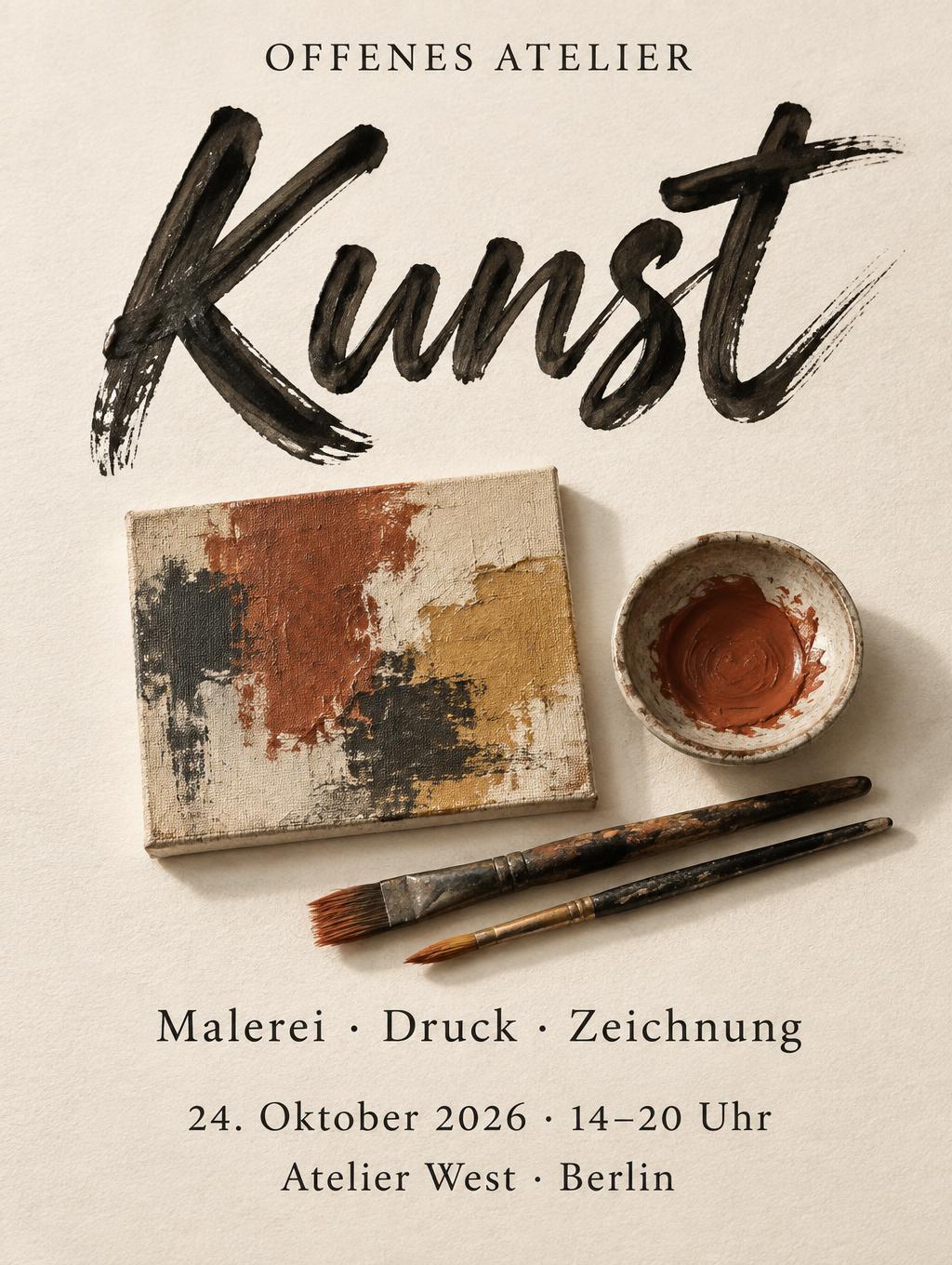 "Kunst
OFFENES ATELIER
Malerei · Druck · Zeichnung
24. Oktober 2026 · 14–20 Uhr
Atelier West · Berlin" — Brush Stroke | AI Text Effect Generator