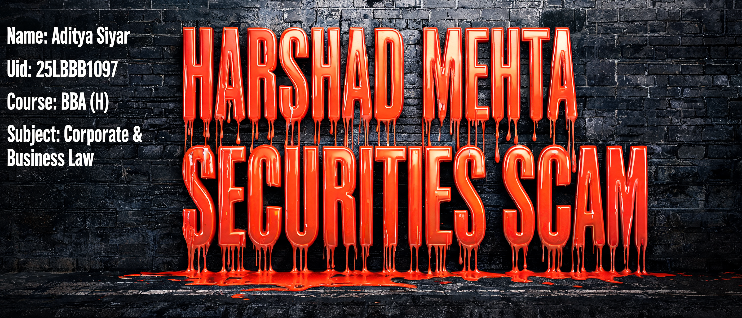"make a front page for my  file for a A4 sheet that topic is Harshad Mehta securities scam and add "Name: Aditya Siyar","Uid: 25LBBB1097","Course: BBA (H)","Subject: Corporate & Business Law", sections at left corner below." — Drip Font | AI Text Effect Generator