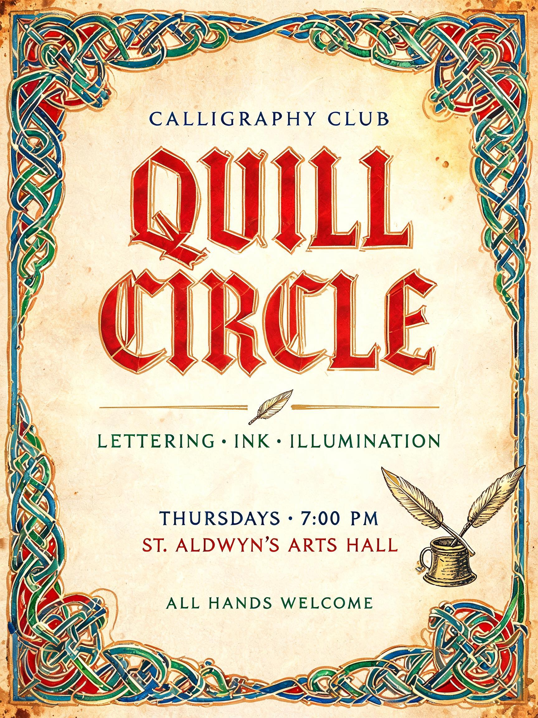 "QUILL
CIRCLE
CALLIGRAPHY CLUB
LETTERING · INK · ILLUMINATION
THURSDAYS · 7:00 PM
ST. ALDWYN’S ARTS HALL
ALL HANDS WELCOME" — Medieval | AI Text Effect Generator