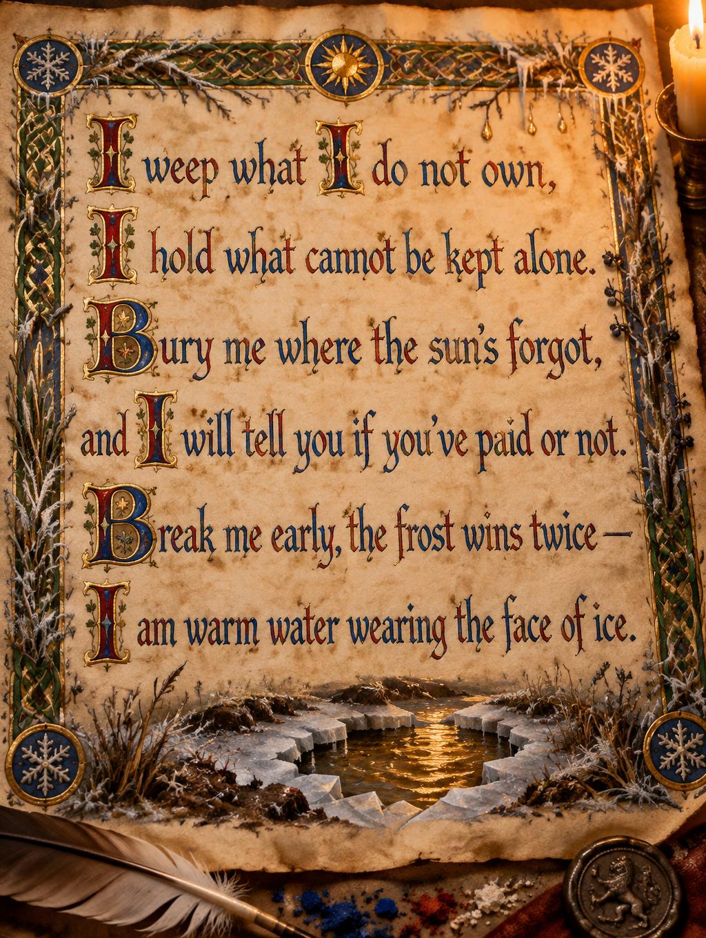 "I weep what I do not own,
I hold what cannot be kept alone.
Bury me where the sun's forgot,
and I will tell you if you've paid or not.
Break me early, the frost wins twice —
I am warm water wearing the face of ice." — Medieval | AI Text Effect Generator
