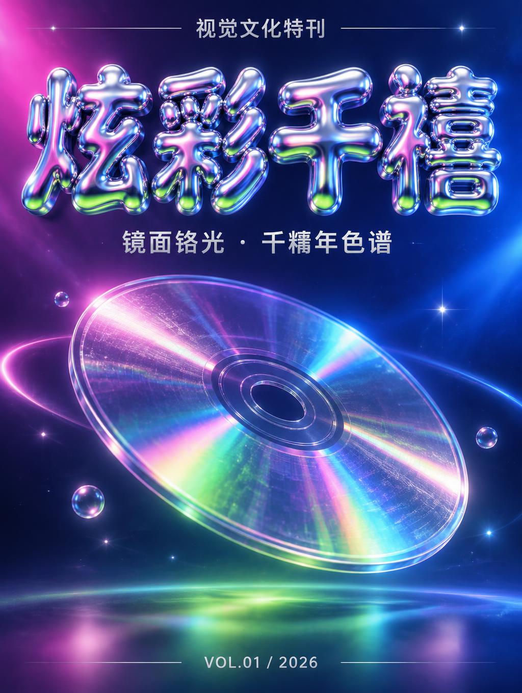 "炫彩千禧
视觉文化特刊
镜面铬光 · 千禧年色谱
VOL.01 / 2026" — Y2k | AI Text Effect Generator