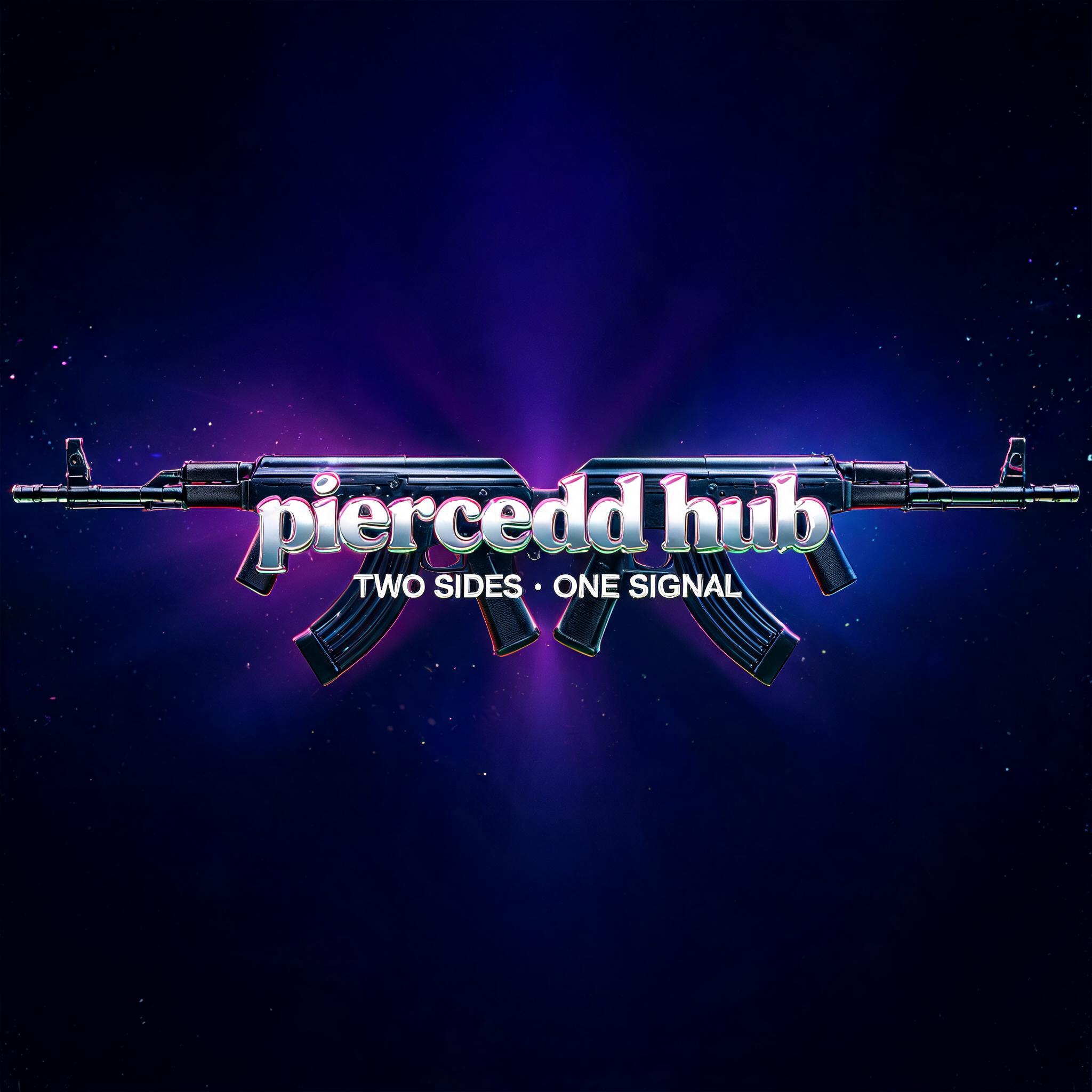 "i want 2 ak 47s 
pointed in opposite wayss with the words "piercedd hub" in the middle" — Y2k | AI Text Effect Generator
