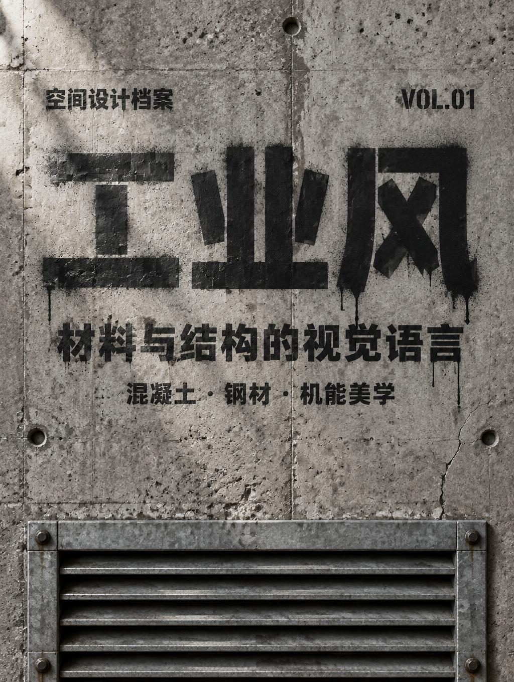 "工业风
材料与结构的视觉语言
混凝土 · 钢材 · 机能美学
空间设计档案
VOL.01" — Stencil | AI Text Effect Generator